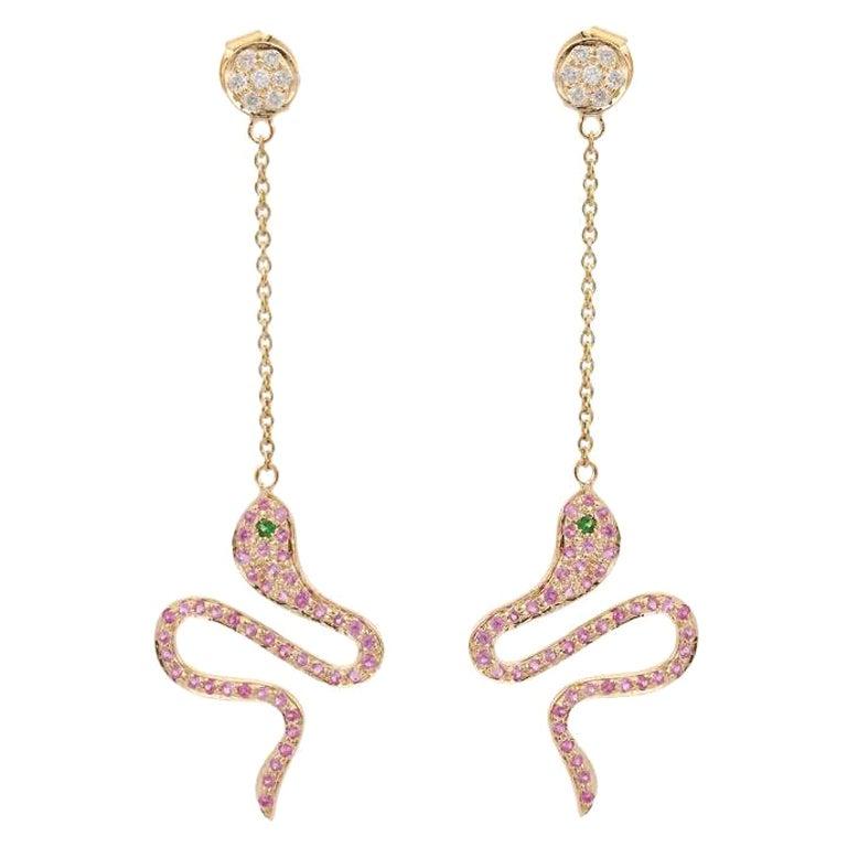 Mixed Cut 14kt Solid Yellow Gold Sapphire Snake Dangle Earrings For Sale