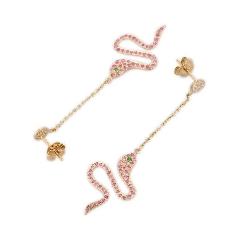 14kt Solid Yellow Gold Sapphire Snake Dangle Earrings In New Condition For Sale In New York, NY
