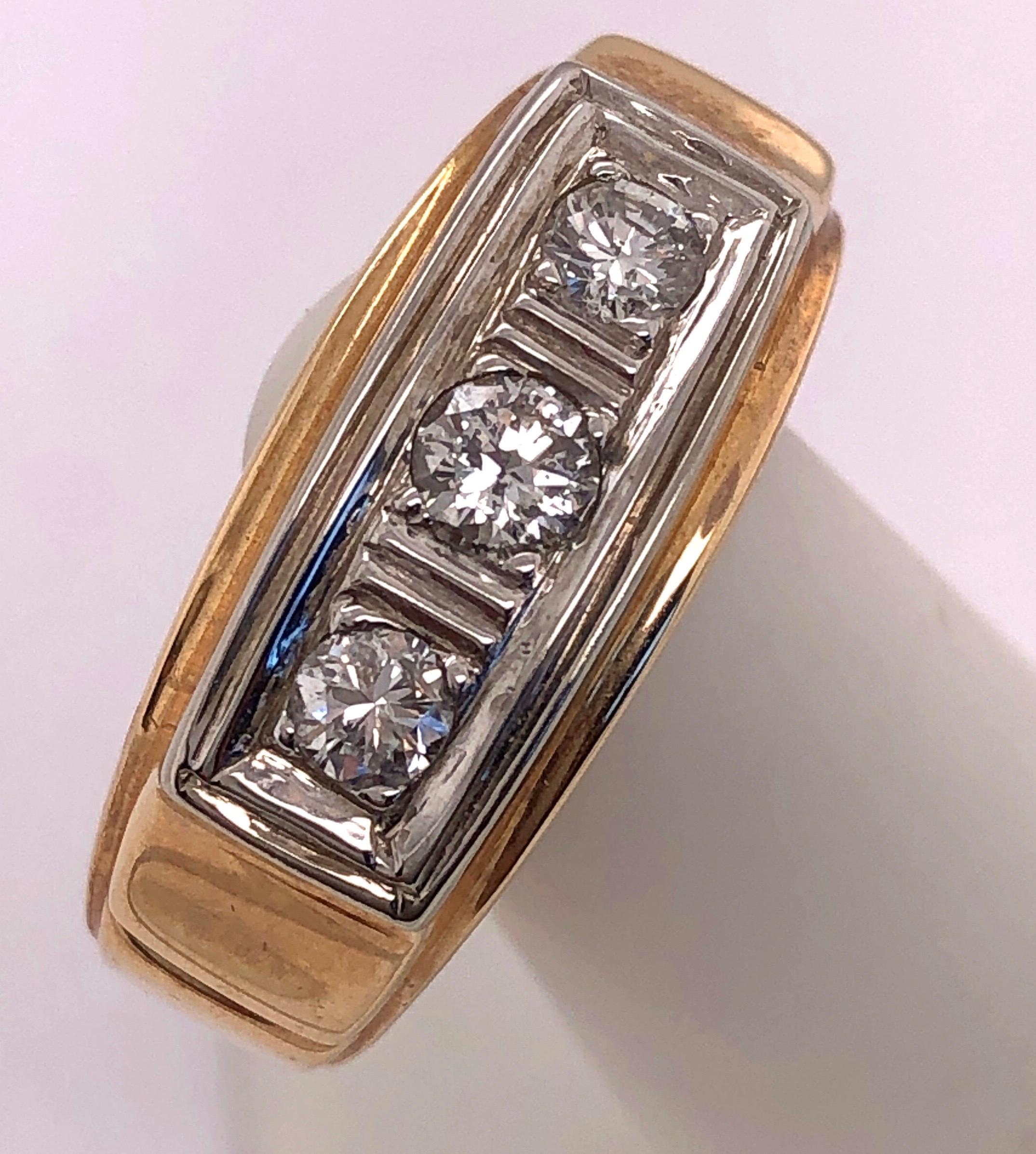 Round Cut 14 Karat Three Diamond Yellow and White Gold Ring or Wedding Band 0.36 TDW For Sale