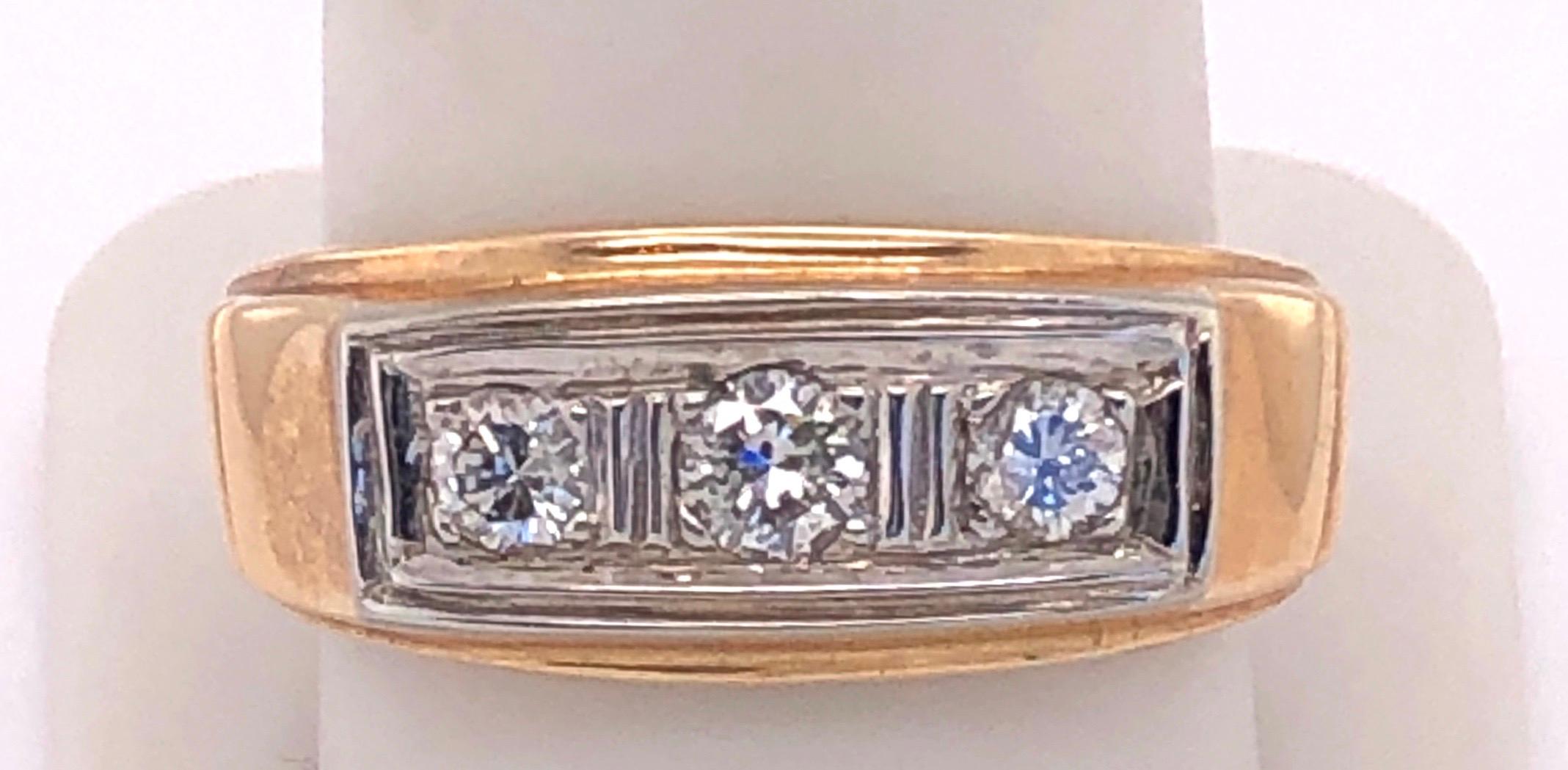Women's or Men's 14 Karat Three Diamond Yellow and White Gold Ring or Wedding Band 0.36 TDW For Sale