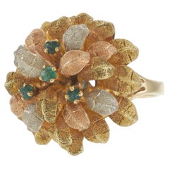 14KT Tri-Color Gold Vintage Leaf Petal Dome Ring with Floating Emeralds