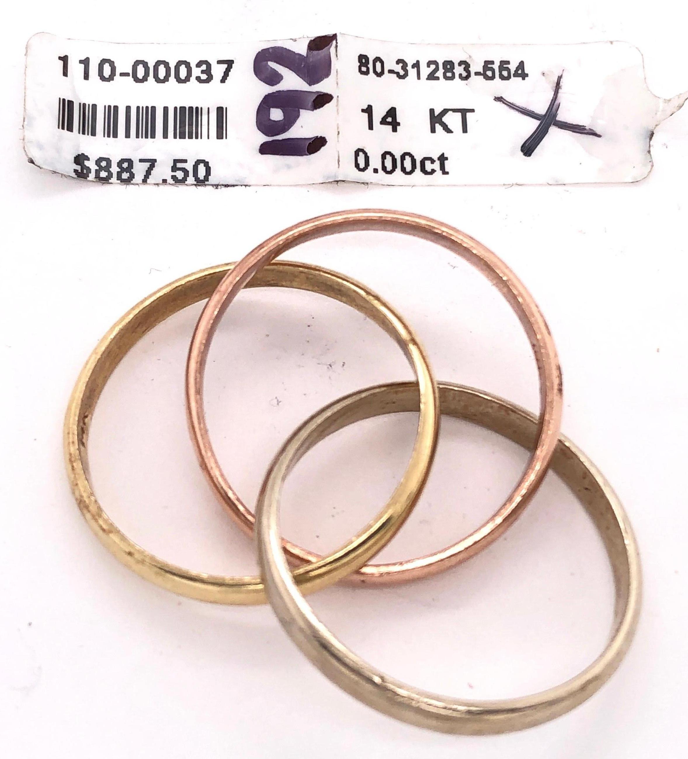 14 Karat Tri-Color White Yellow Rose Gold Three-Band Ring or Wedding Band For Sale 3