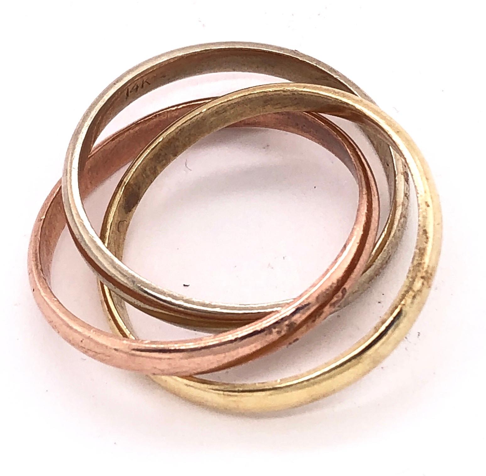14 Karat Tri-Color White Yellow Rose Gold Three-Band Ring or Wedding Band In Good Condition For Sale In Stamford, CT