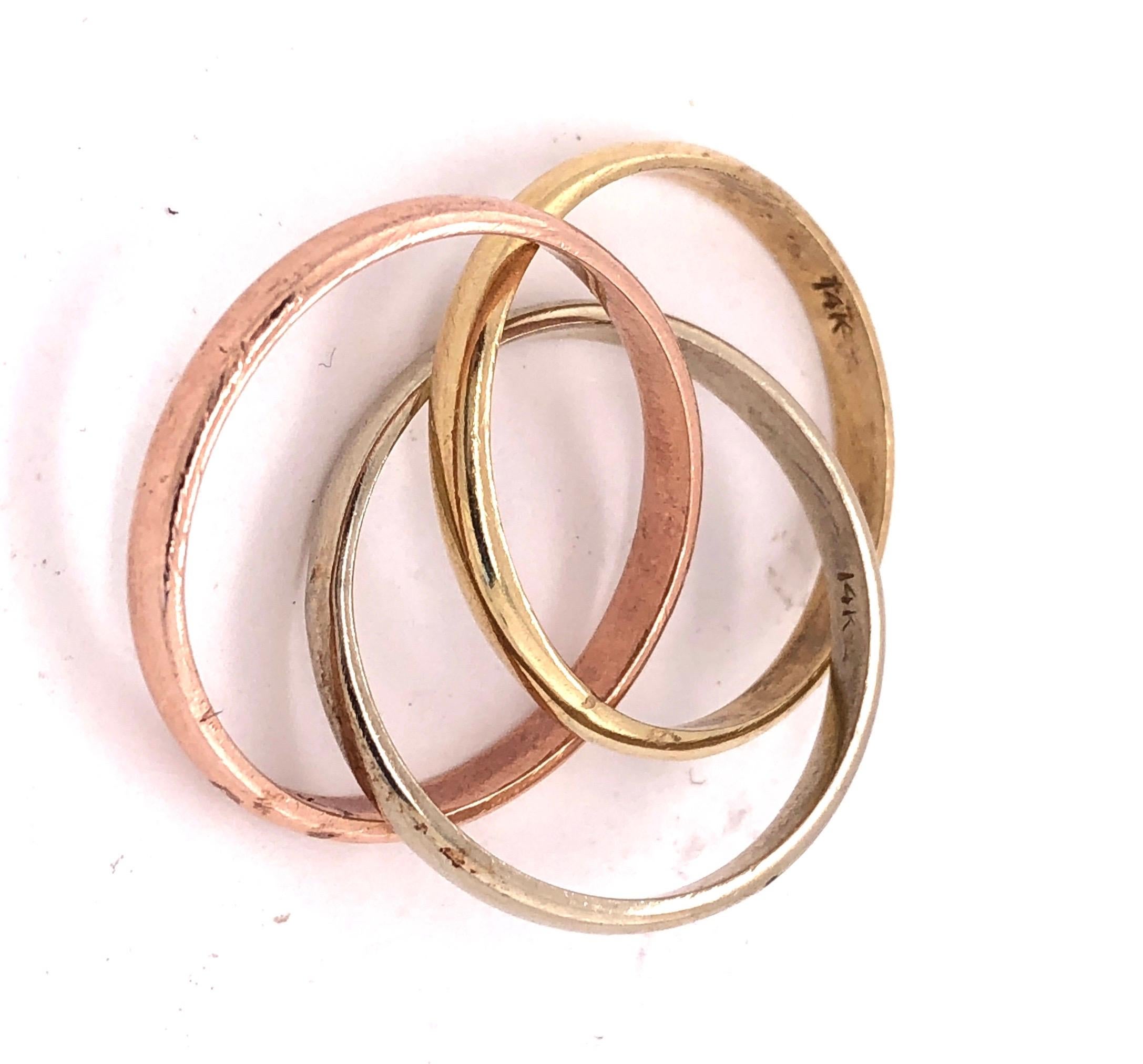 14 Karat Tri-Color White Yellow Rose Gold Three-Band Ring or Wedding Band For Sale 1