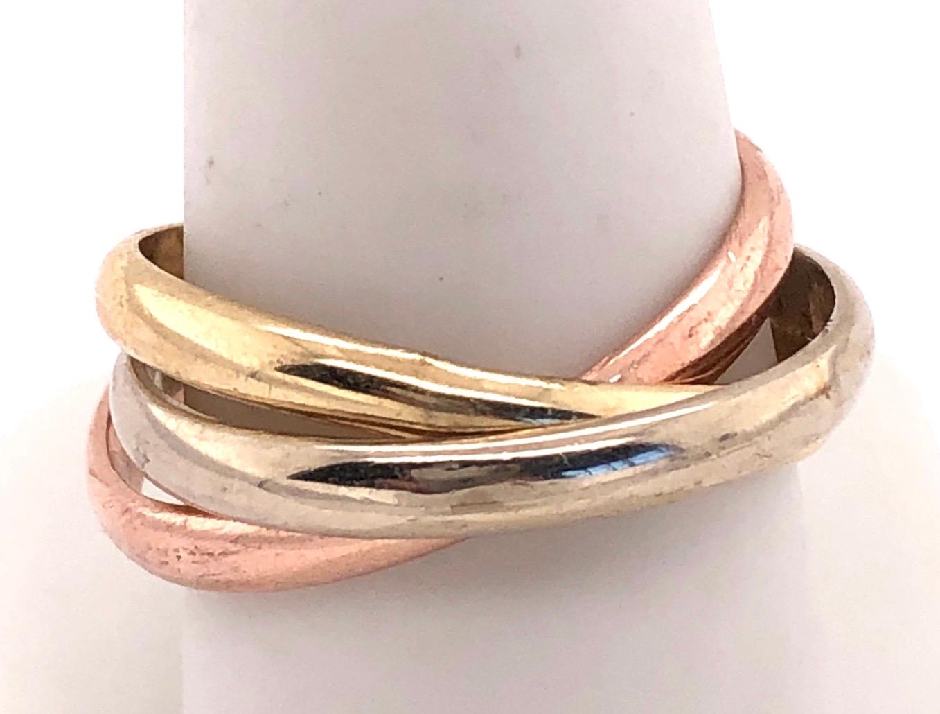 14Kt Tri-Color White Yellow Rose Gold Three Band Ring Or Wedding Band
7.9 grams total weight
Size 9.75 