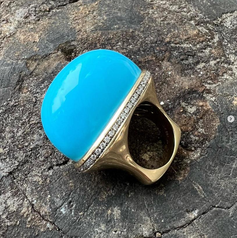 Cabochon 14kt turquoise diamond Dome ring For Sale
