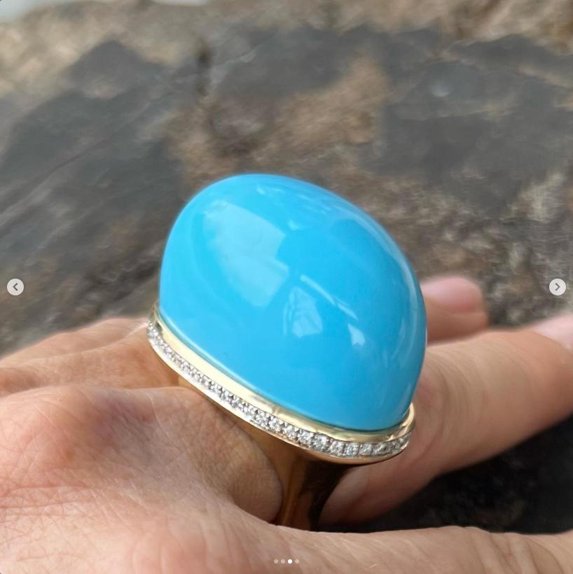 Women's or Men's 14kt turquoise diamond Dome ring For Sale