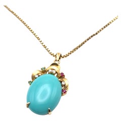 14KT Turquoise, Emerald, Ruby, and Diamond Pendant Necklace