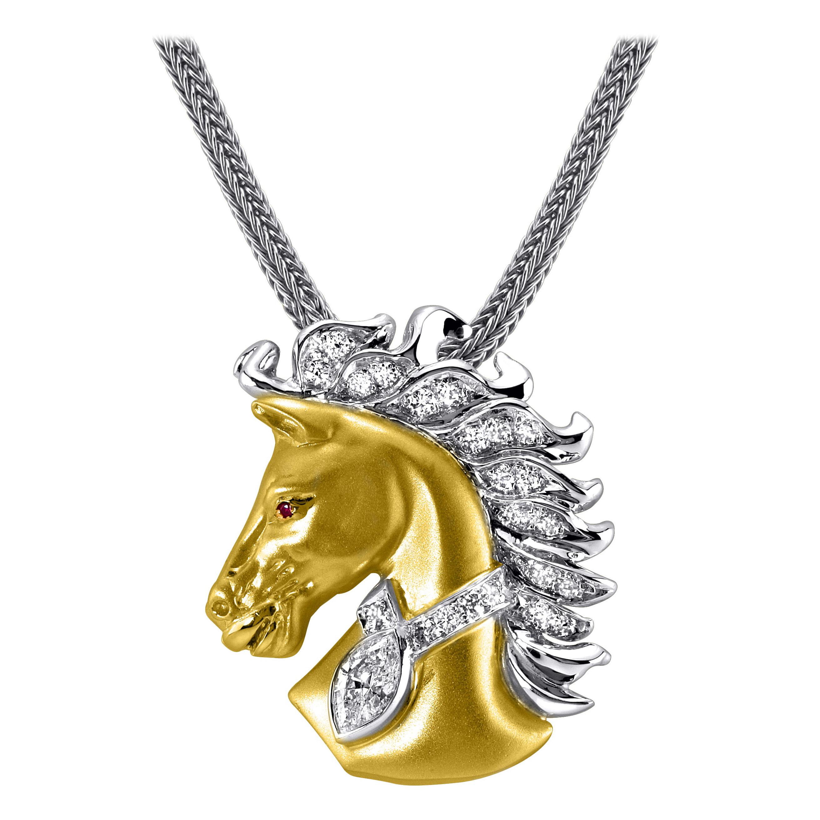Pendentif cheval en or bicolore 14 carats avec diamant marquis de 1,78 carat, design primé 22 carats