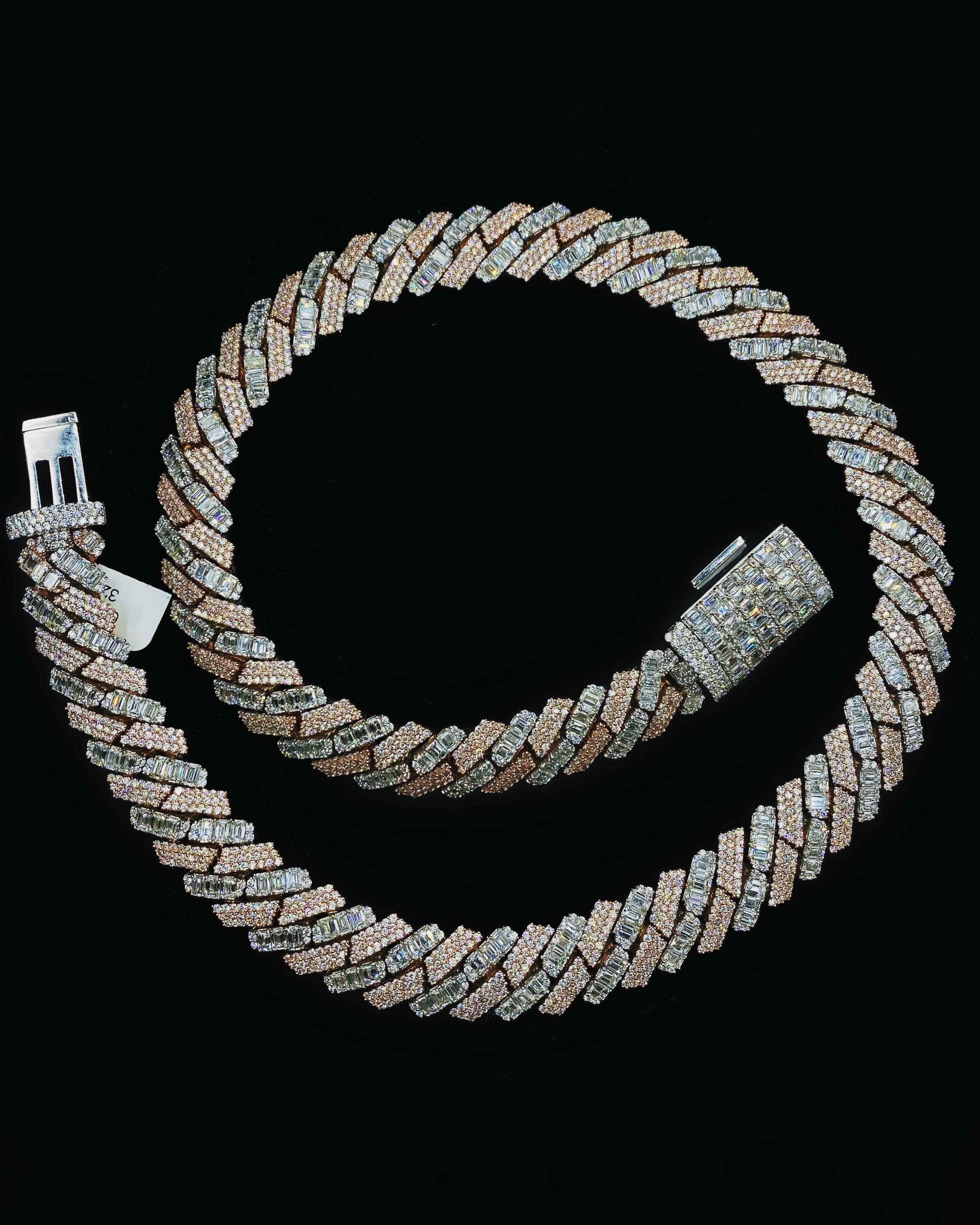 14kt Two-Tone Cuban Link Chain with 64.30ct Diamonds In Excellent Condition For Sale In New York, NY
