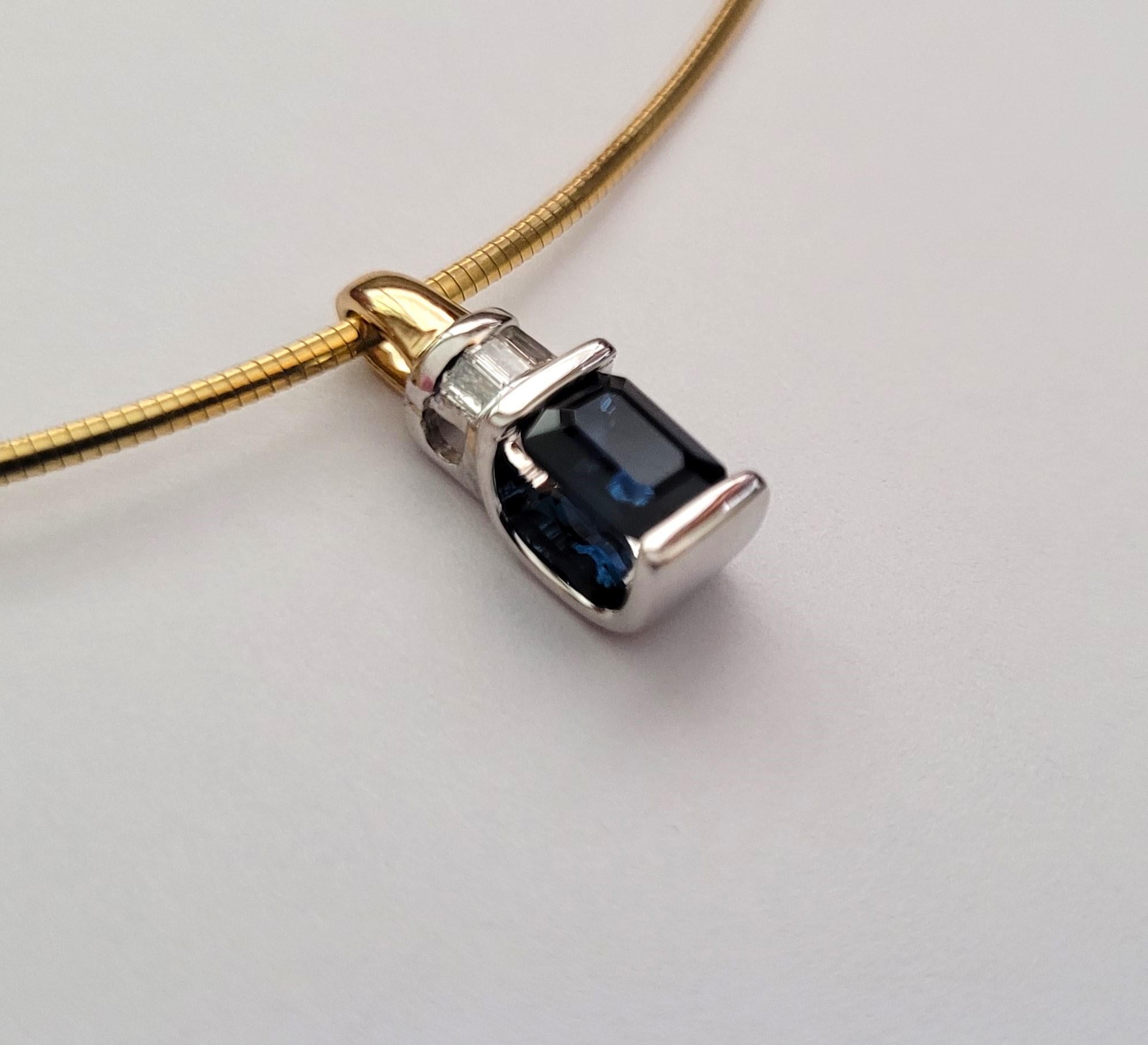 Modern 14kt Two-Tone Gold 1.00Ct Emerald Cut Sapphire .10cttw Baguette Diamond Pendant  For Sale