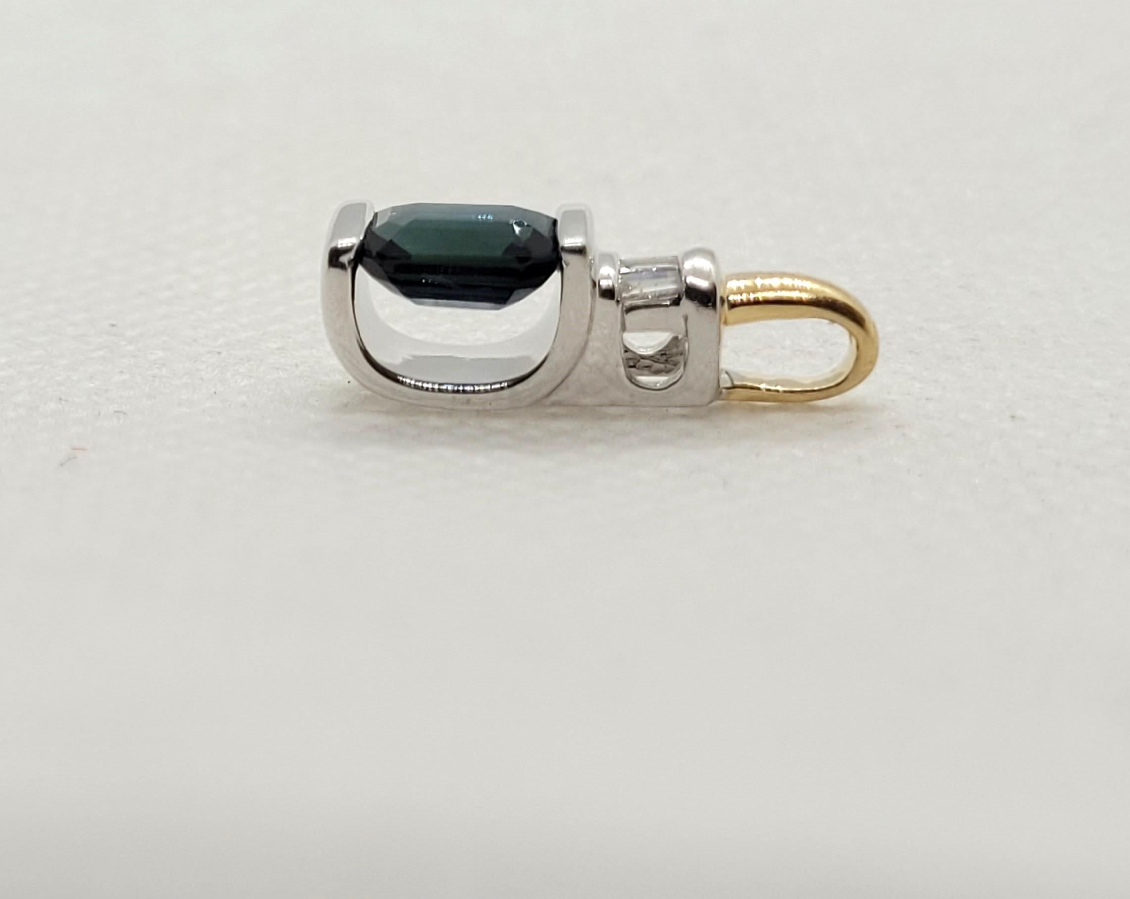 Women's 14kt Two-Tone Gold 1.00Ct Emerald Cut Sapphire .10cttw Baguette Diamond Pendant  For Sale