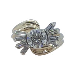 Anello in oro 14kt bicolore con diamante naturale taglio europeo raro da 1,41 carati bypassato a baguette