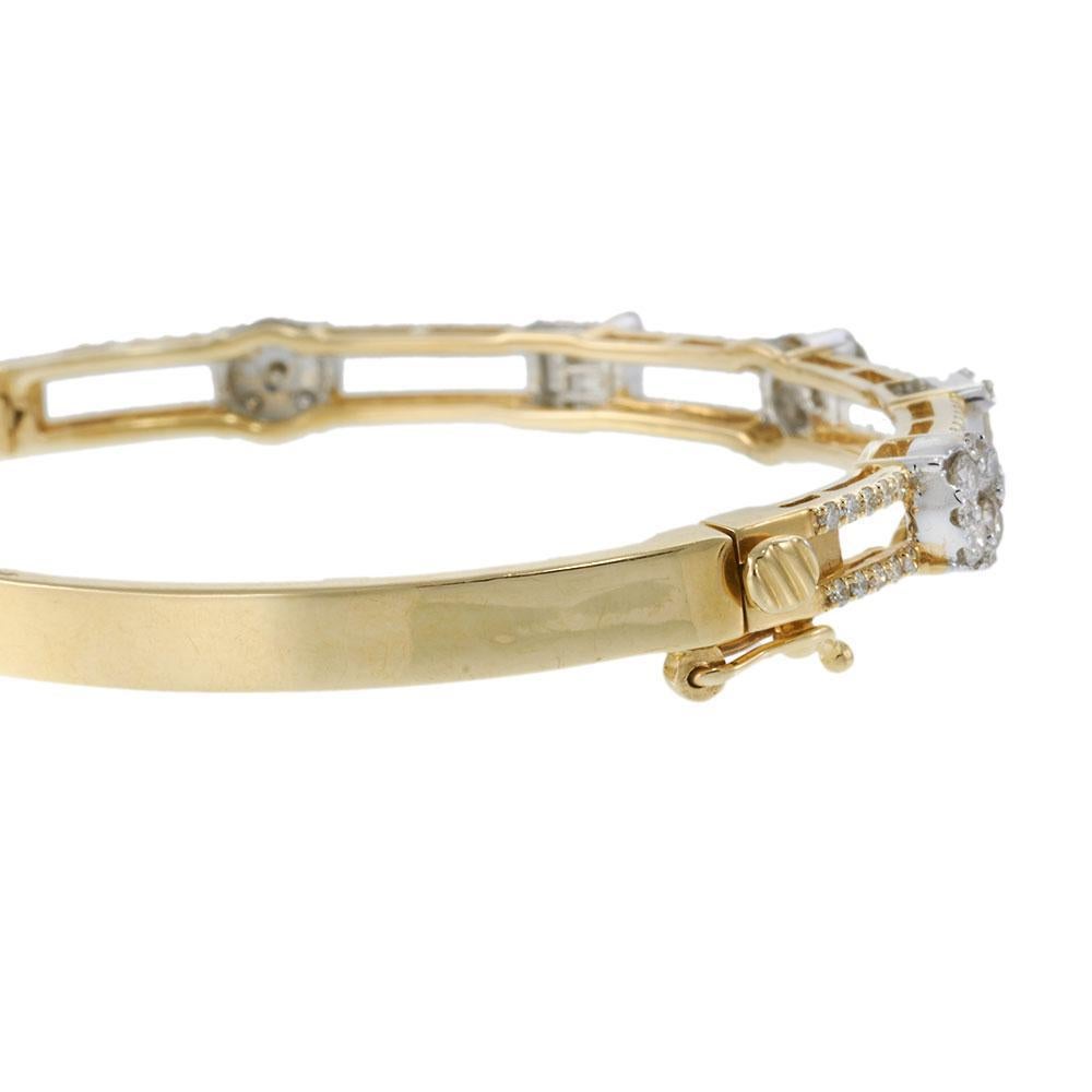 14KT Two-Tone Gold Diamond Bangle Bracelet with Round and Baguette Cuts In New Condition For Sale In New York, NY