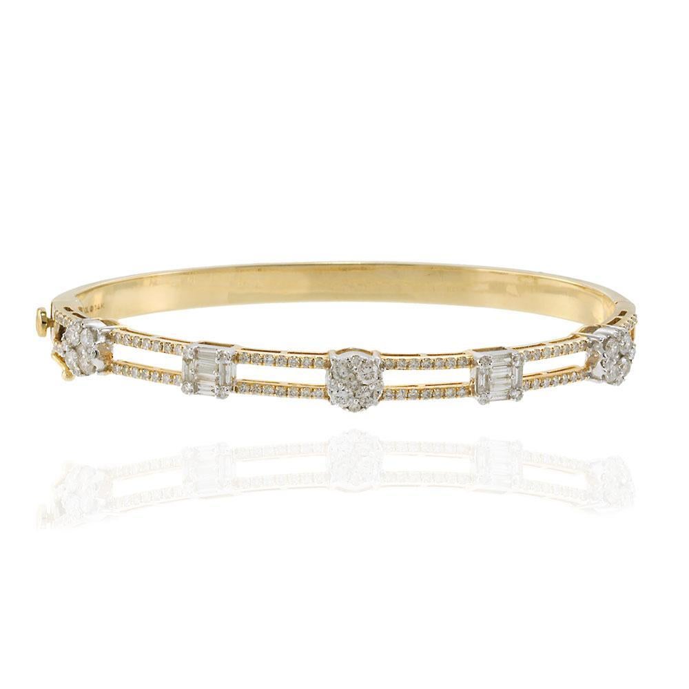 Women's or Men's 14KT Two-Tone Gold Diamond Bangle Bracelet with Round and Baguette Cuts For Sale