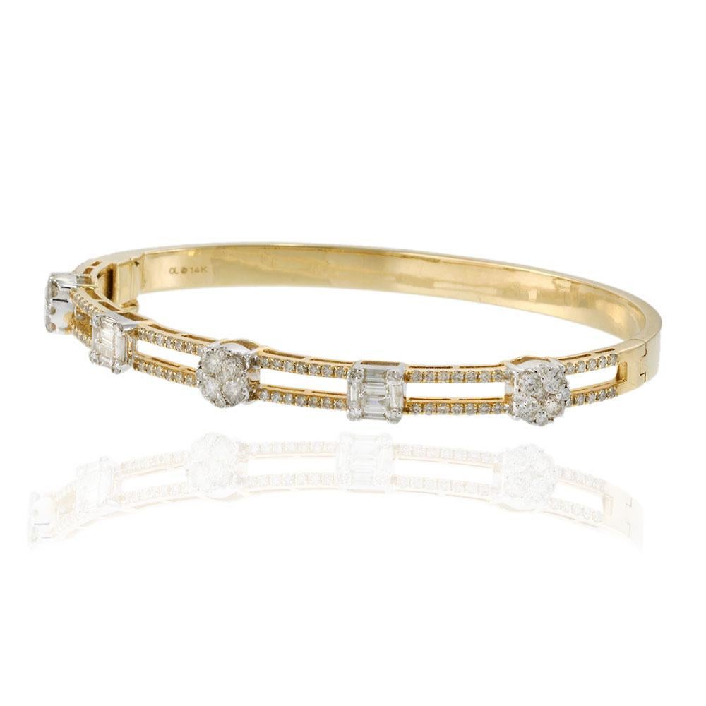 14KT Two-Tone Gold Diamond Bangle Bracelet with Round and Baguette Cuts For Sale 1