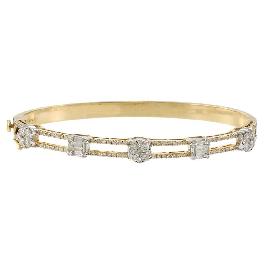 14KT Two-Tone Gold Diamond Bangle Bracelet with Round and Baguette Cuts For Sale