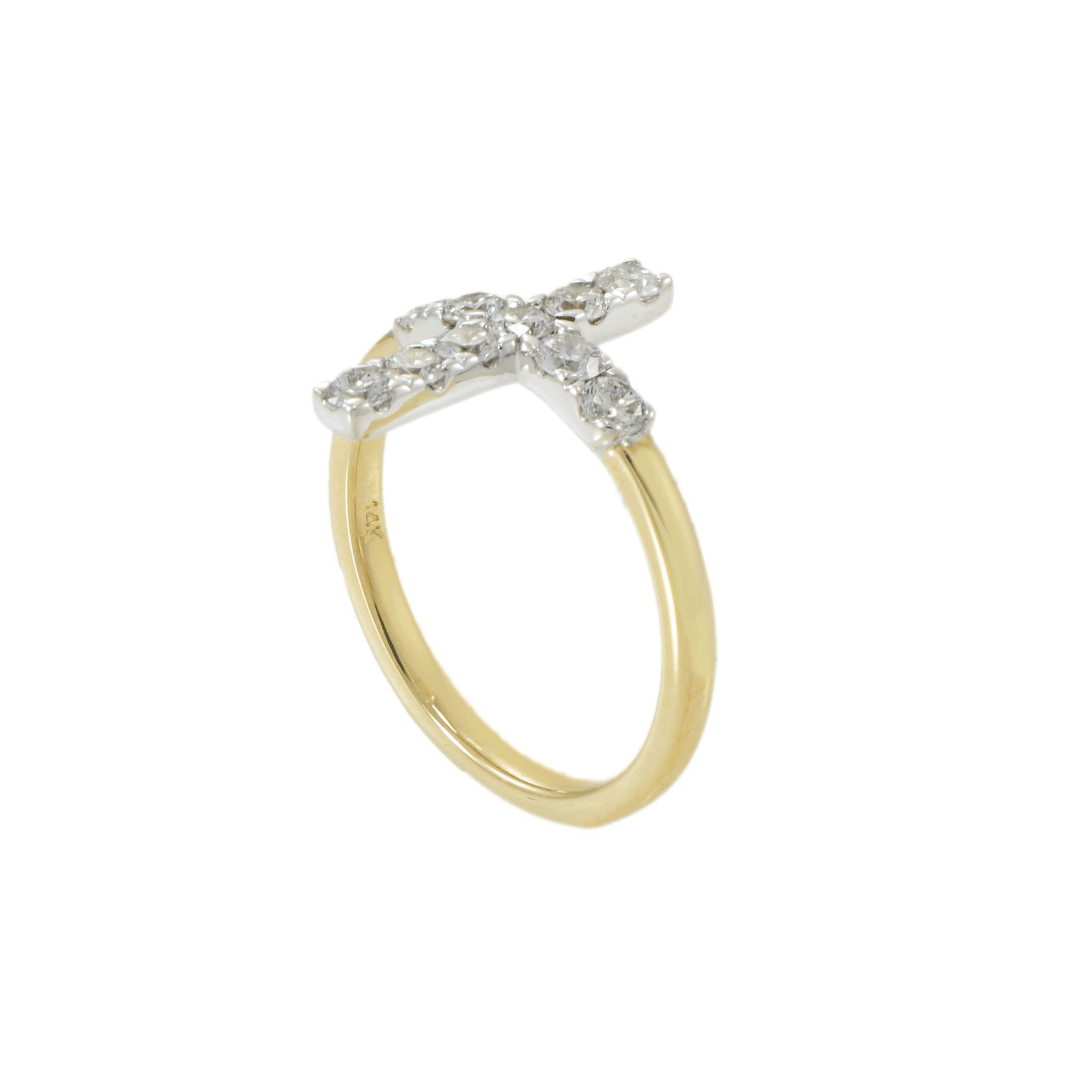 Taille ronde Bague croix en or bicolore 14KT avec diamant en vente