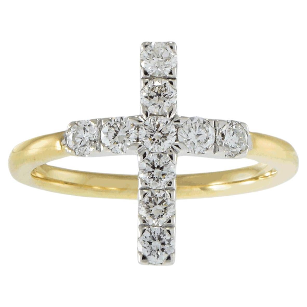 14KT Two Tone Gold Diamond Cross Ring