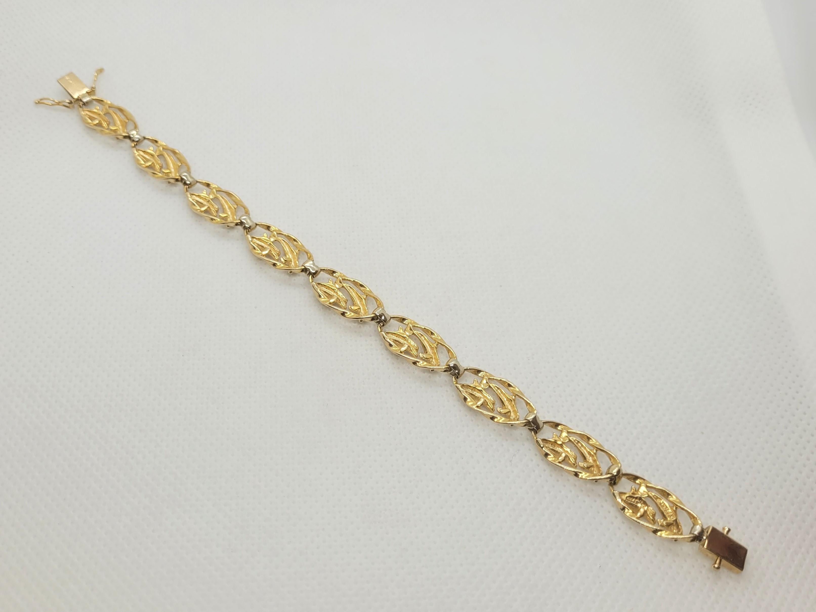 Modern 14kt Two Tone Gold Dolphin Bracelet, 11.2 Grams, Safety For Sale