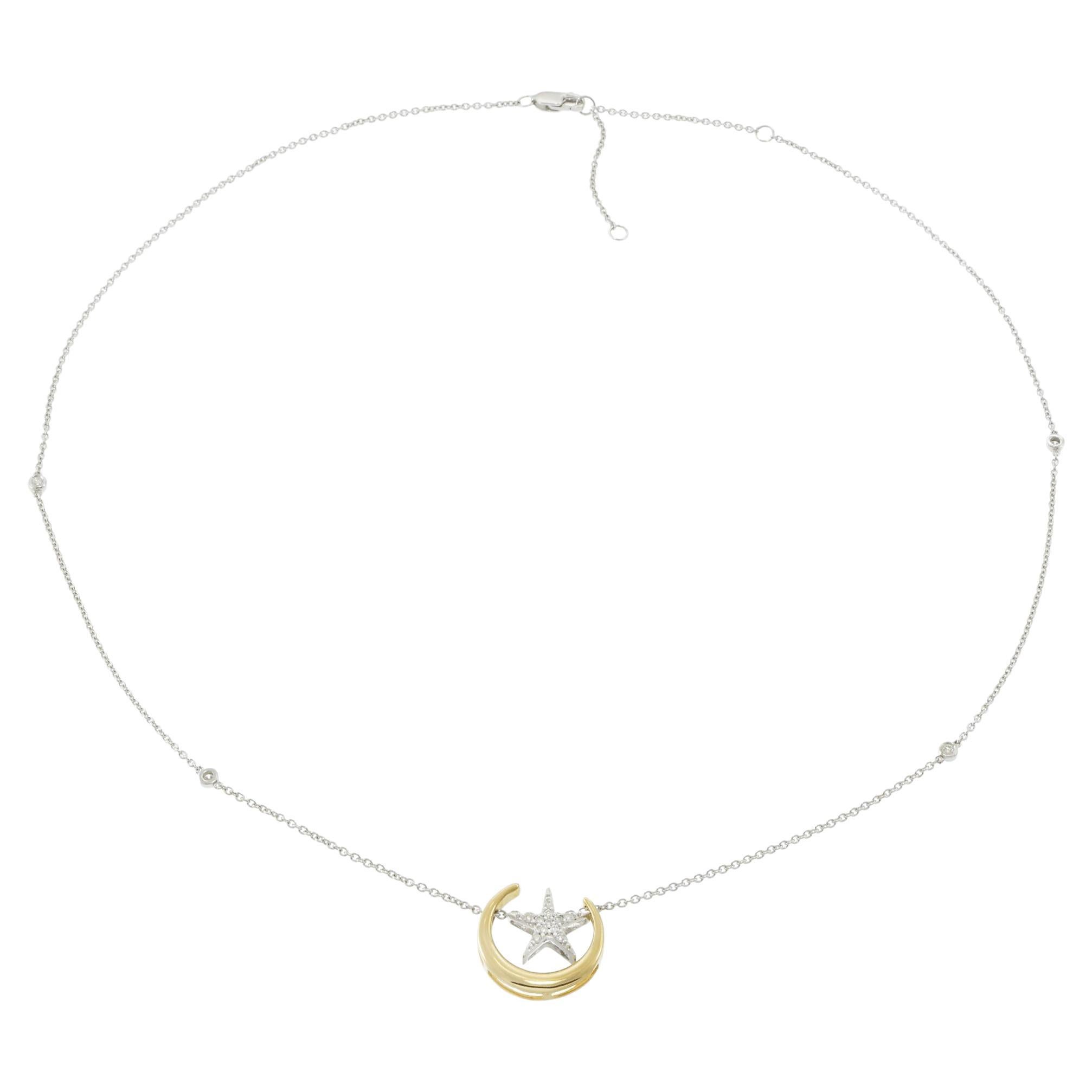 14KT Two-Tone Gold Moon and Star Diamond Pendant Necklace