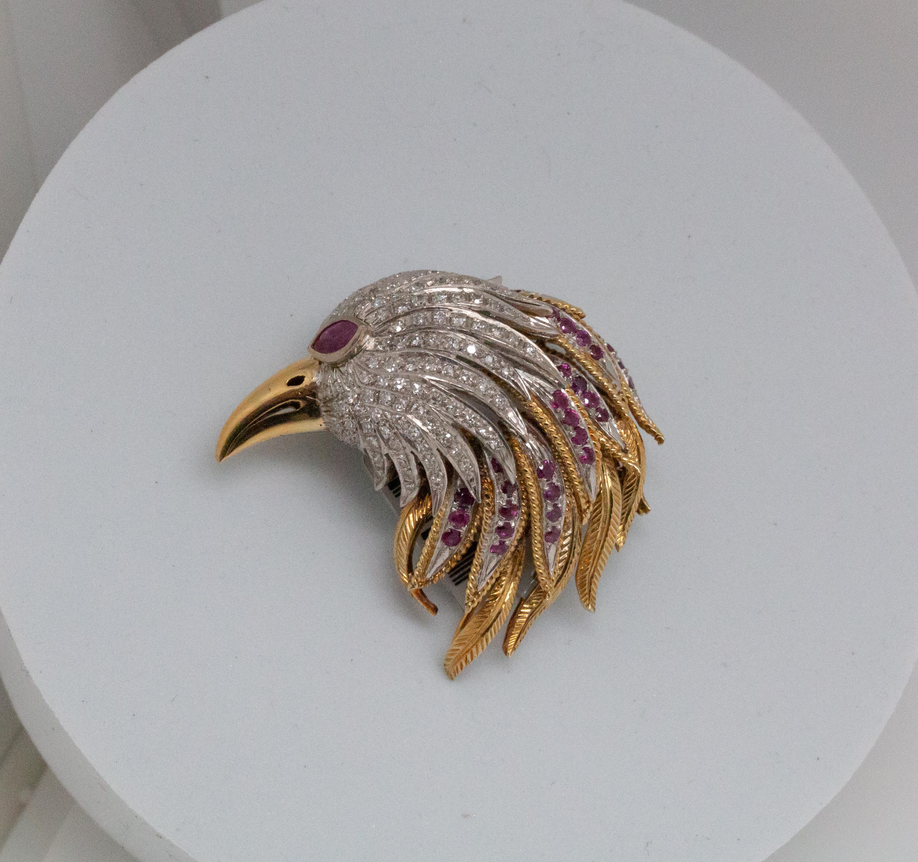 Round Cut 14kt Two-Tone White & Yellow Gold Bird Estate Brooch For Sale