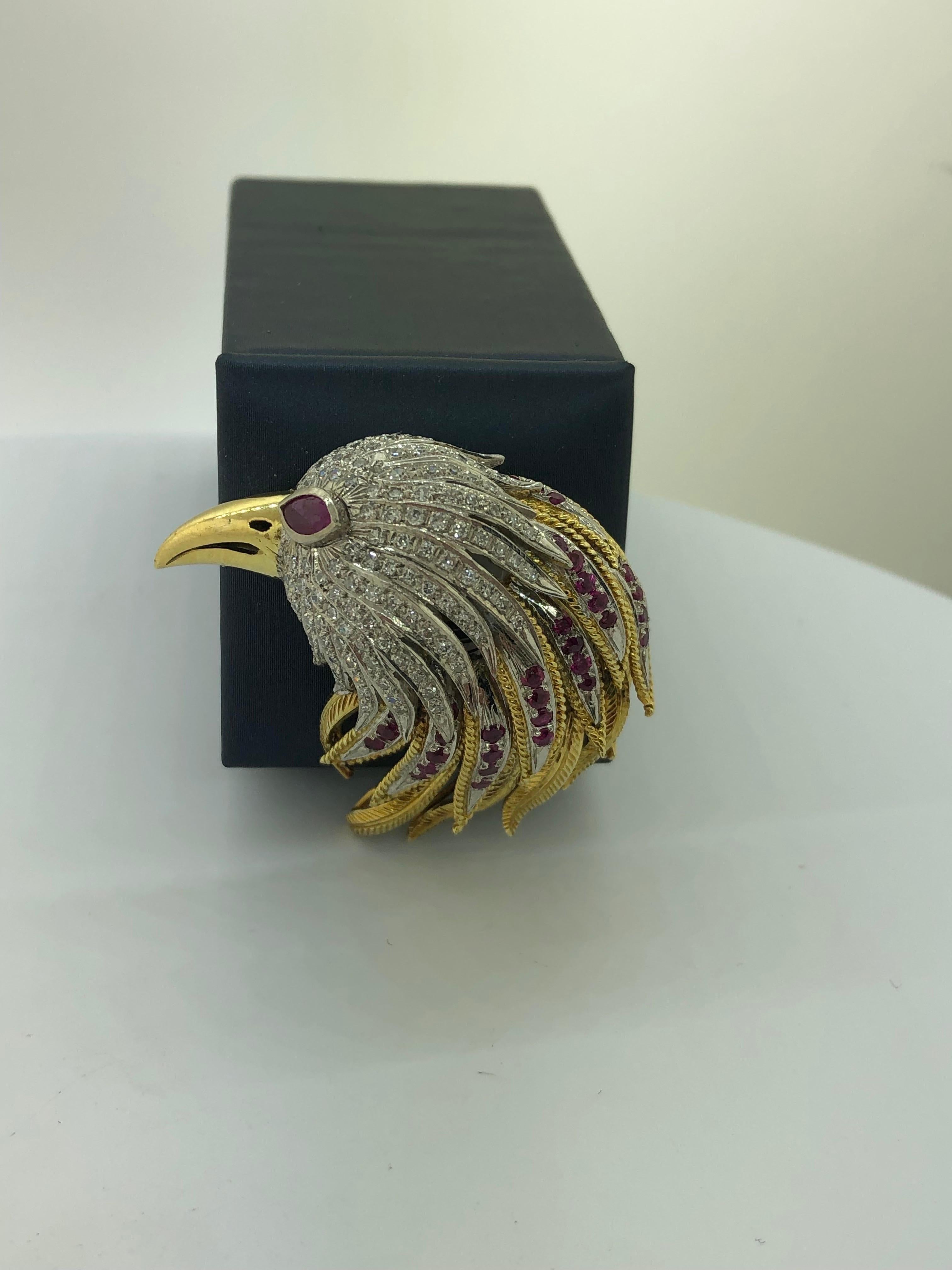 14kt Two-Tone White & Yellow Gold Bird Estate Brooch In Excellent Condition For Sale In Los Angeles, CA