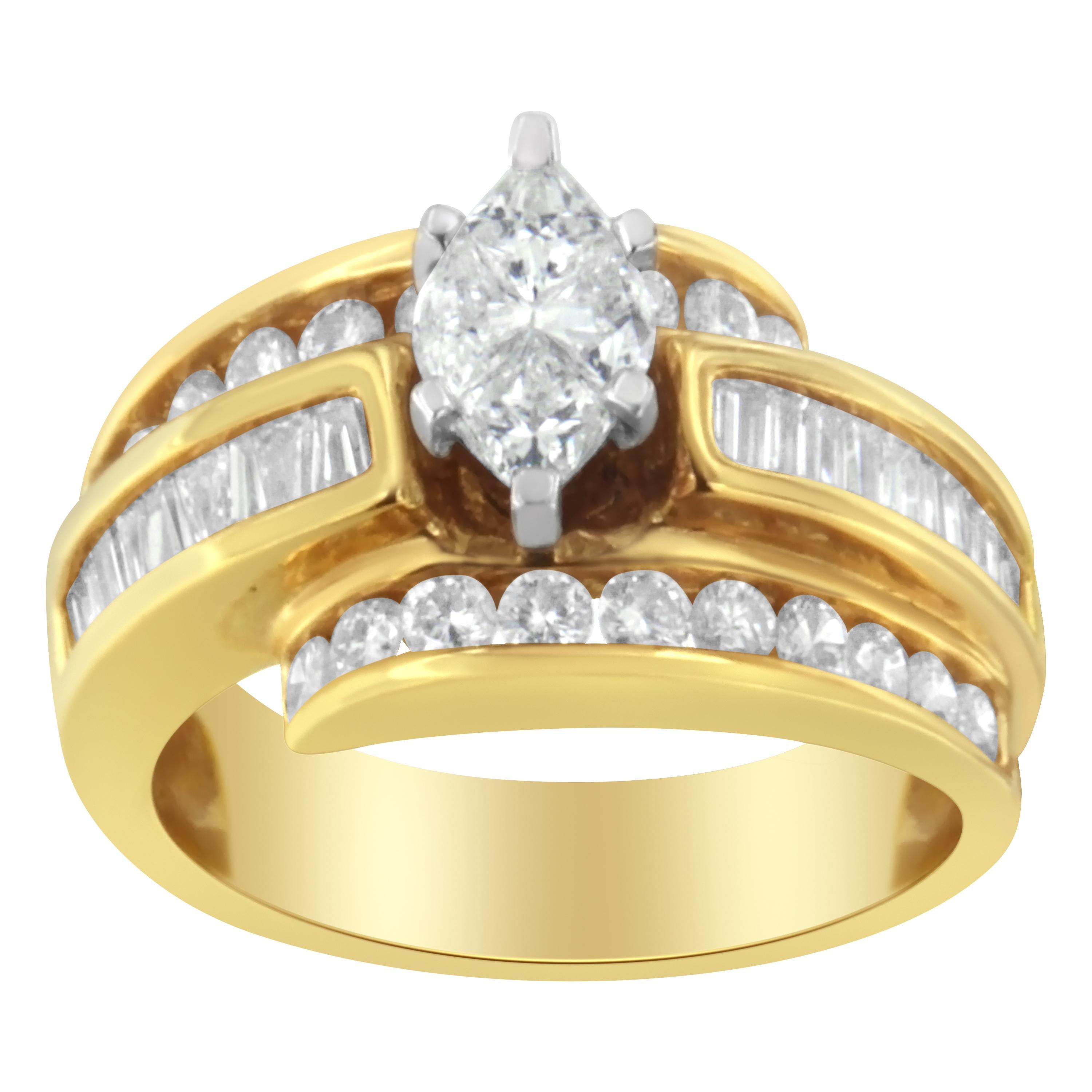 This two-toned metal diamond ring features a central marquise shaped diamond, crafted from 4 pie-cut diamonds, surrounded by channel set bands of baguette and round cut diamonds. The yellow gold band adds elegance to the design. It has a total