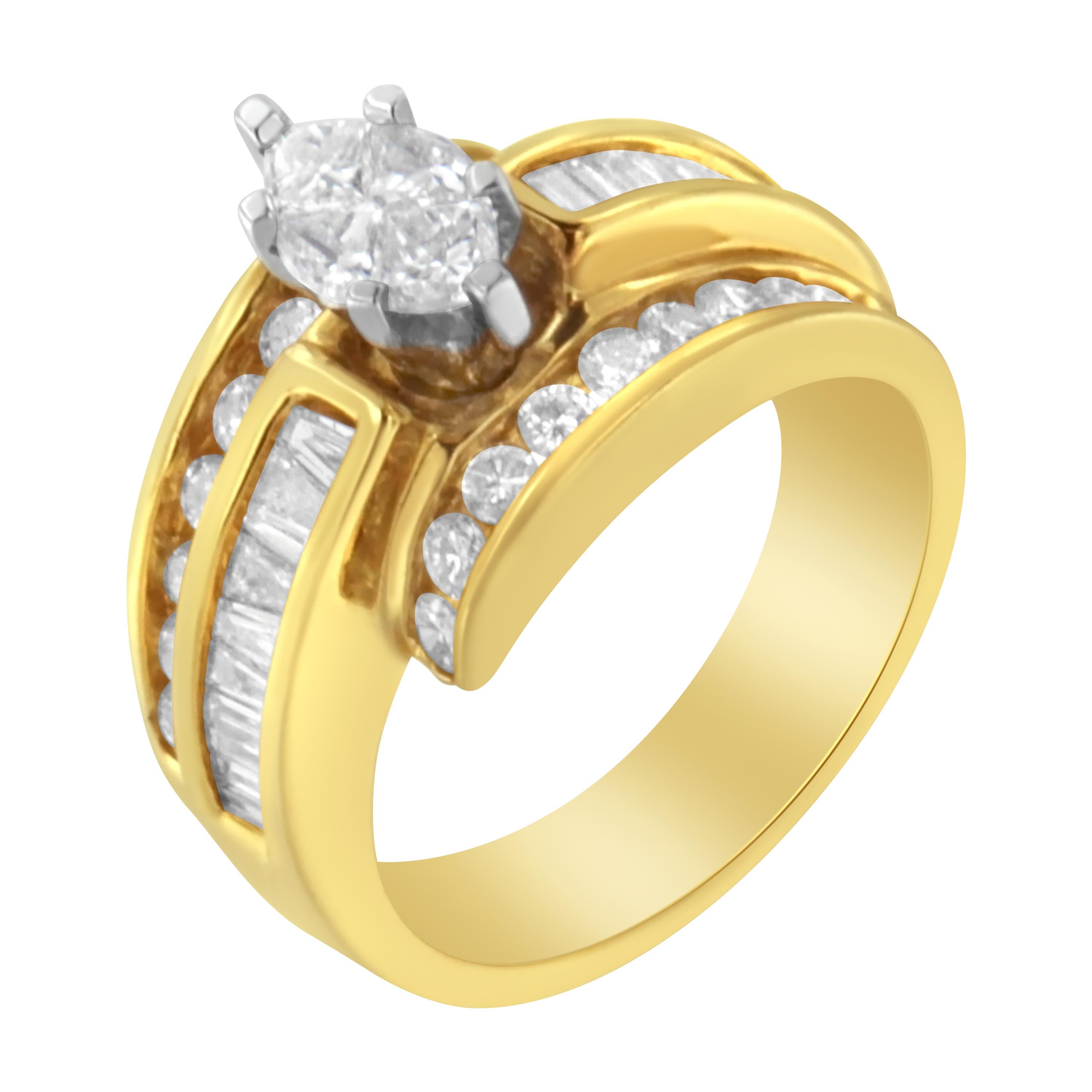 Modern 14KT Two-Toned Diamond Cocktail Ring (1 1/3 cttw, H-I Color, SI1-SI2 Clarity) For Sale