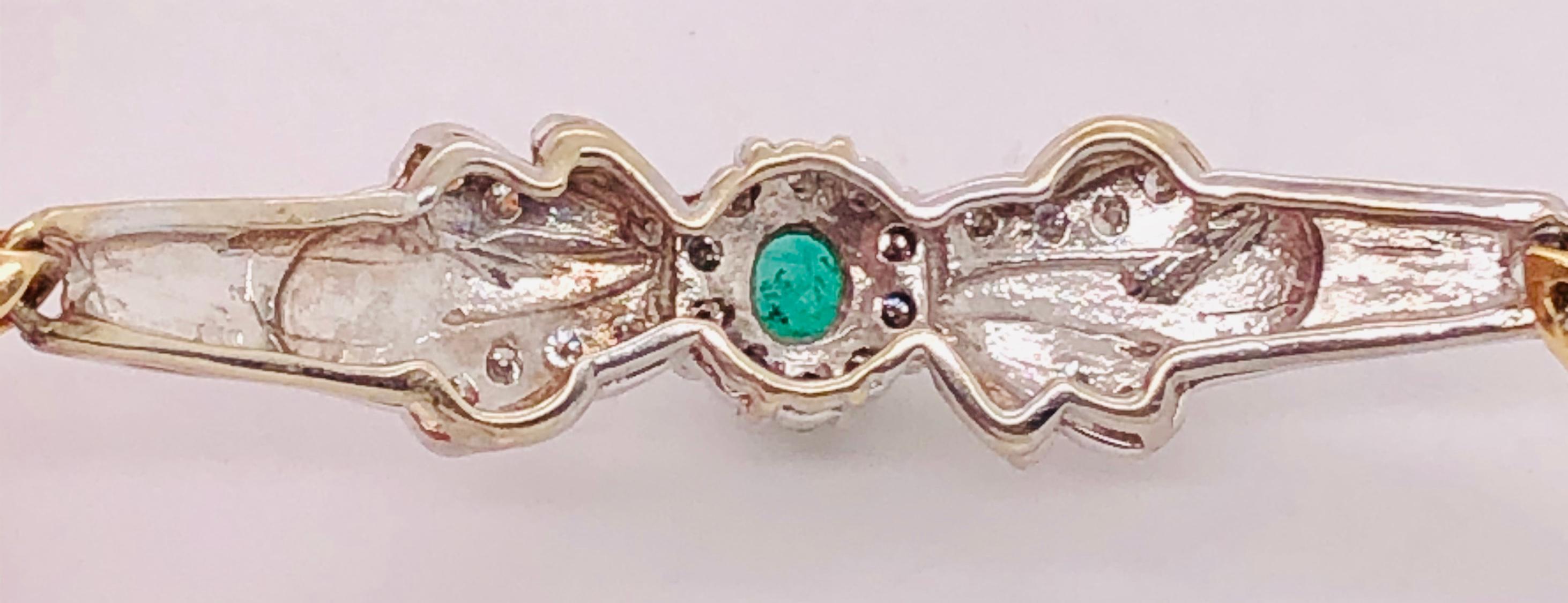 14 Karat Two-Toned Emerald Fancy Link Bracelet .66 Total Diamond Weight For Sale 3