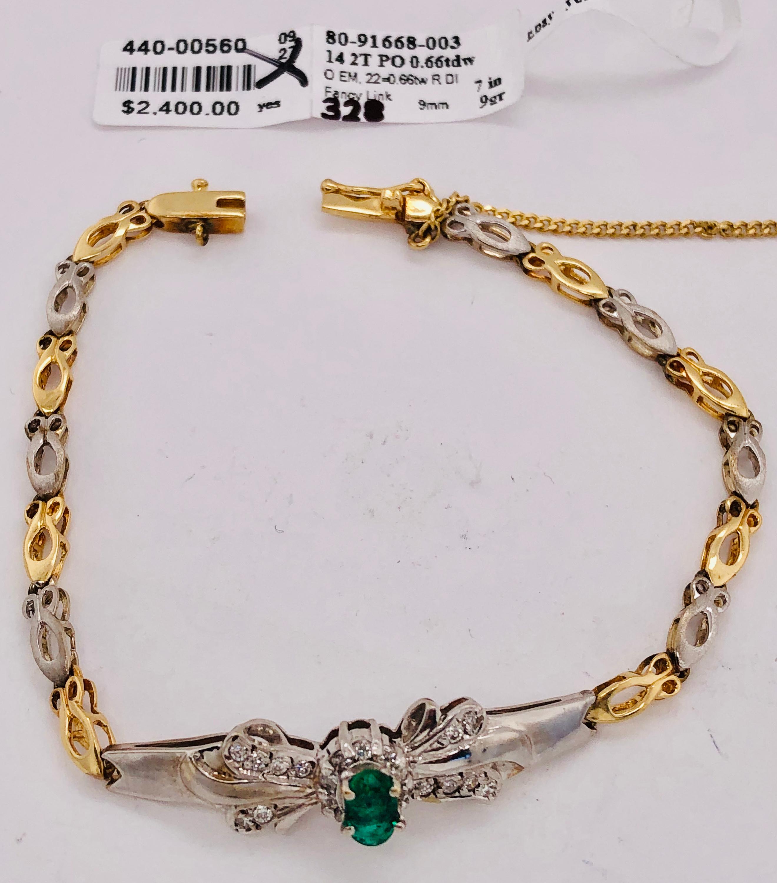 14 Karat Two-Toned Emerald Fancy Link Bracelet .66 Total Diamond Weight For Sale 7