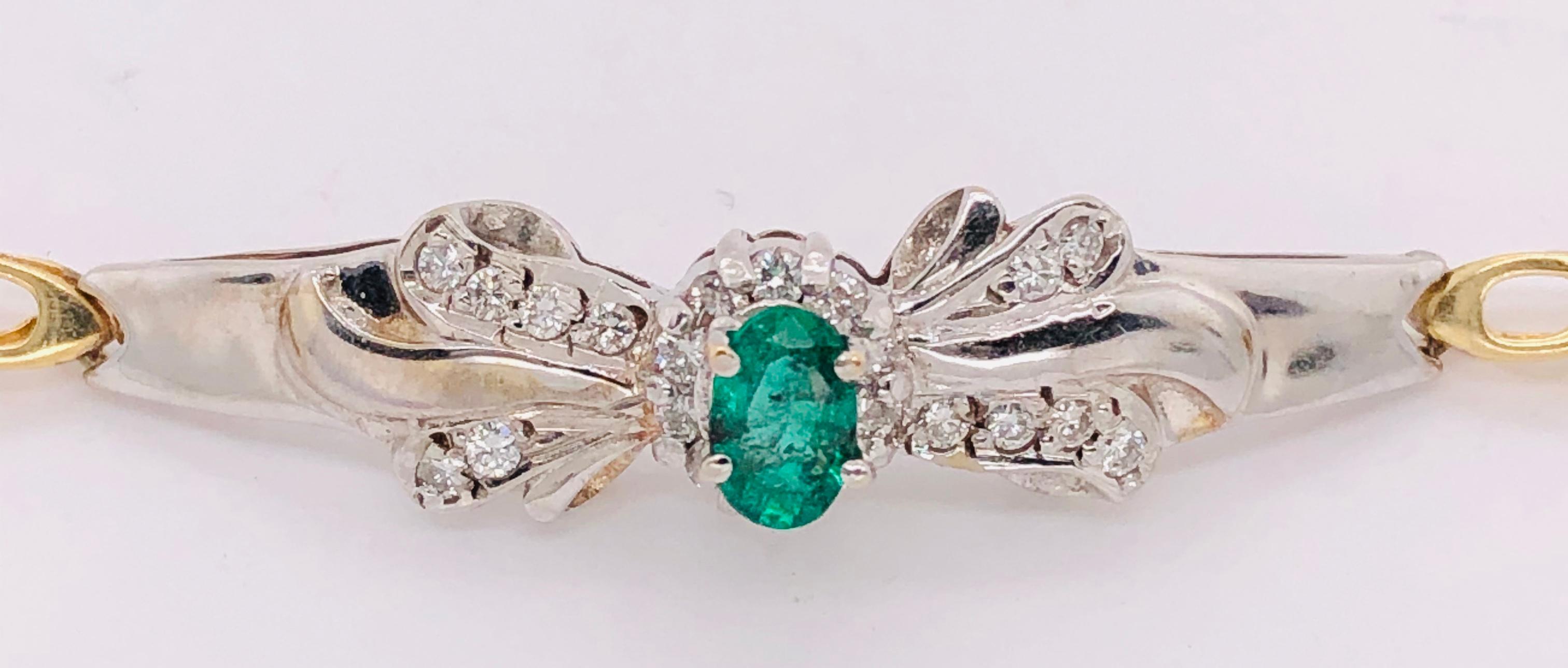 Oval Cut 14 Karat Two-Toned Emerald Fancy Link Bracelet .66 Total Diamond Weight For Sale