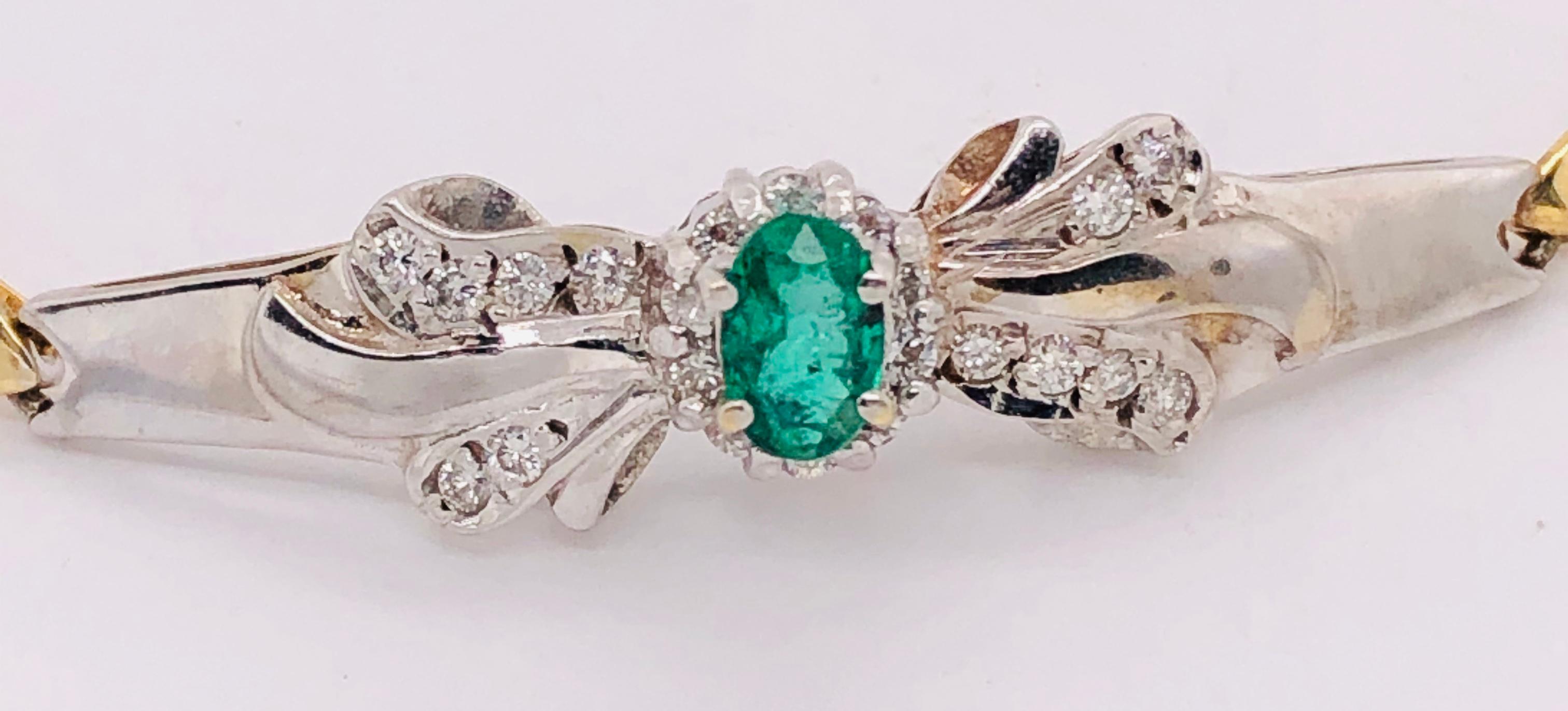 14 Karat Two-Toned Emerald Fancy Link Bracelet .66 Total Diamond Weight For Sale 1