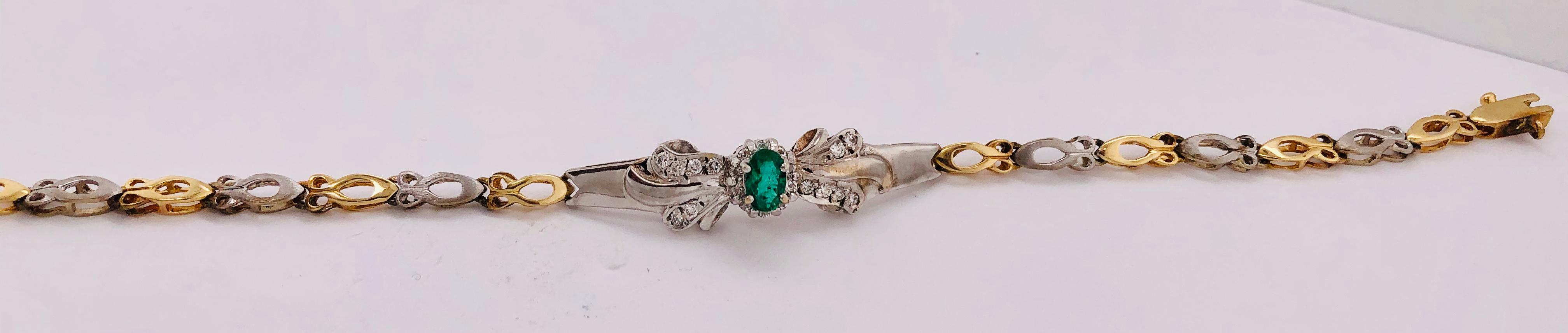 14 Karat Two-Toned Emerald Fancy Link Bracelet .66 Total Diamond Weight For Sale 2