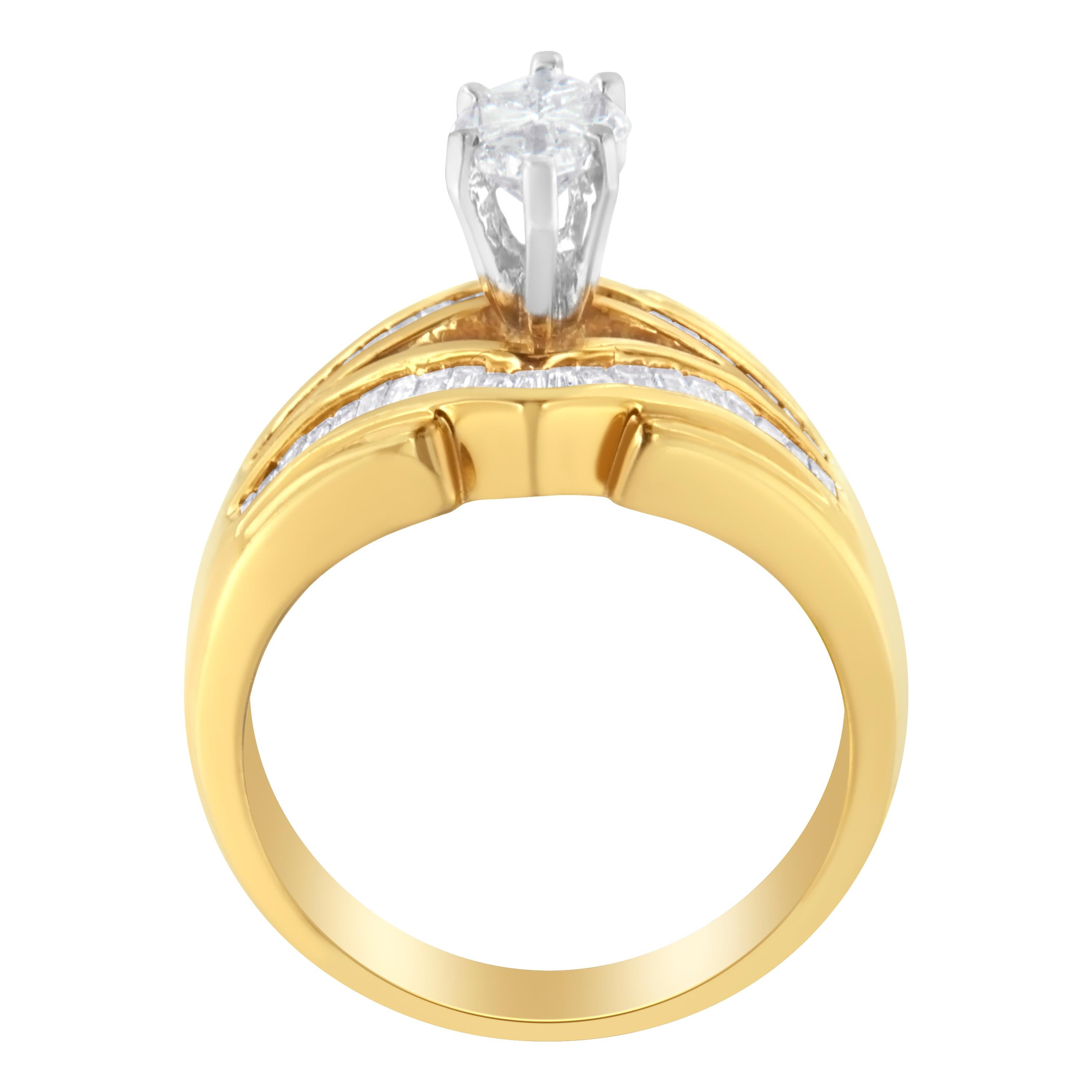 This 14K yellow gold cocktail ring features Baguette diamonds along a V shaped top and bottom rows that perfectly frame a sparkling pie shaped diamond, for a total weight of 1ct, held in place by decorative prongs in 14k white gold.

Product