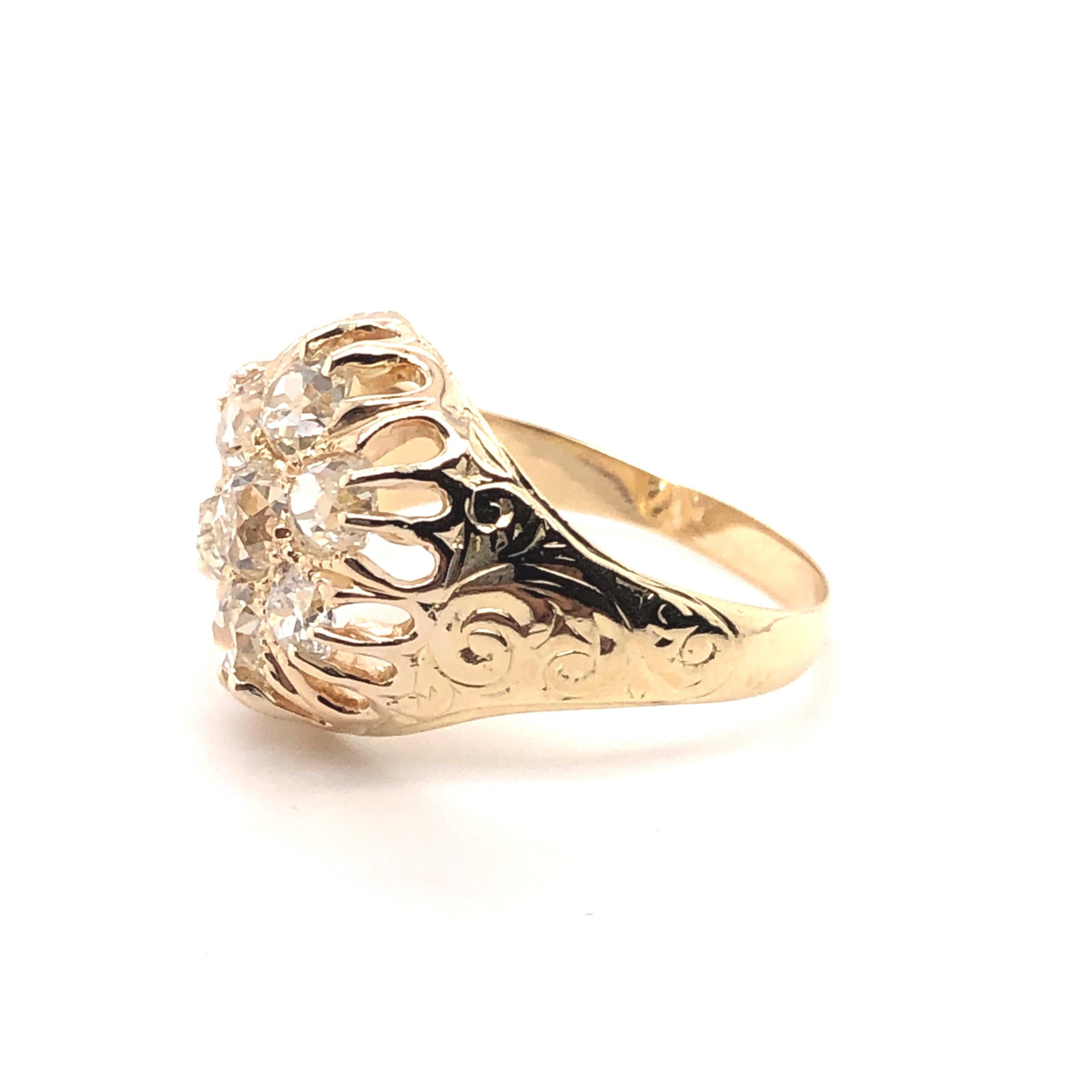 14kt yellow gold cigar style band with engraved sides. The center contains approximately 1.48 total carats of Old Mine Cut diamonds. The diamonds appear to possess H-I color and SI-SI2 clarity. This ring is a finger size 8 and can be resized. The