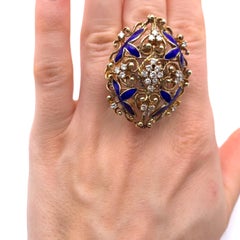 14KT Cannetille Blue Enamel and Diamond Ring
