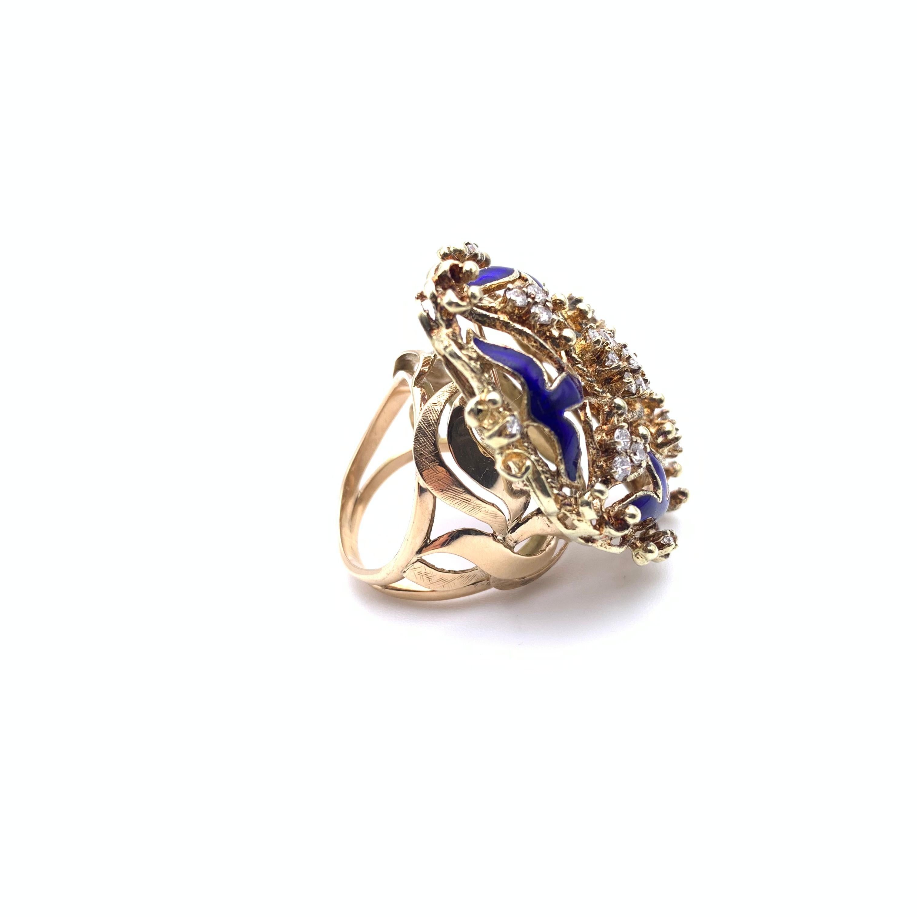 Vittoriano Anello Cannetille 14KT con smalto blu e diamanti in vendita