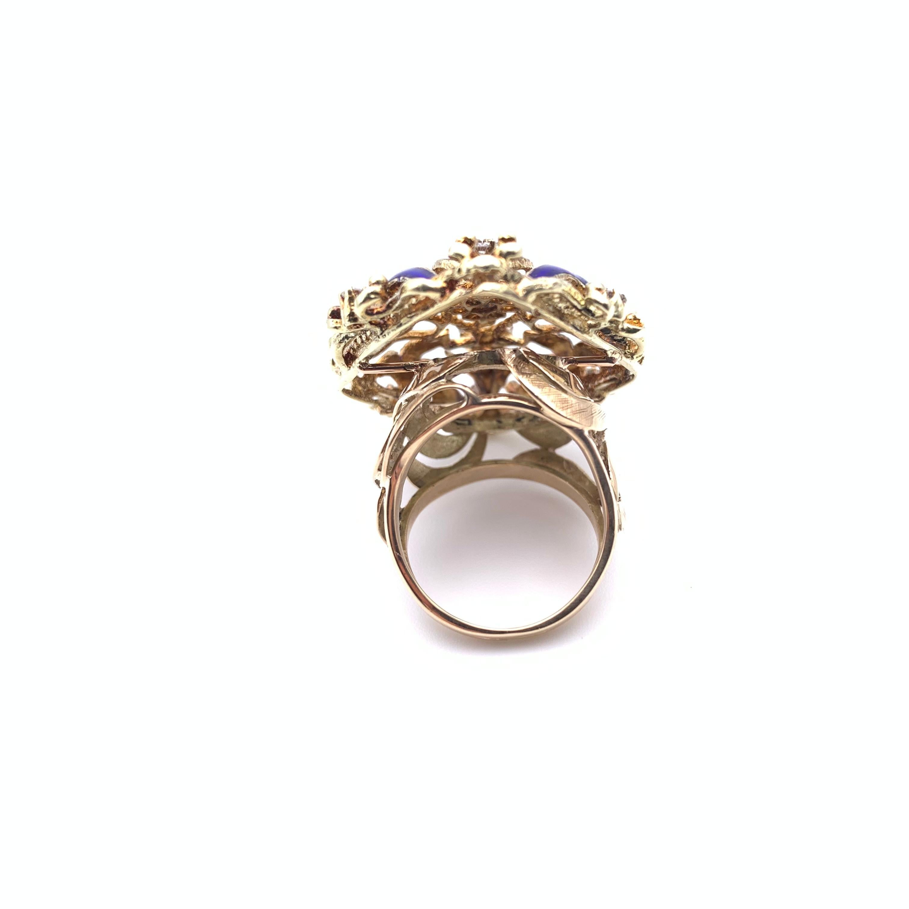 Taglio rotondo Anello Cannetille 14KT con smalto blu e diamanti in vendita
