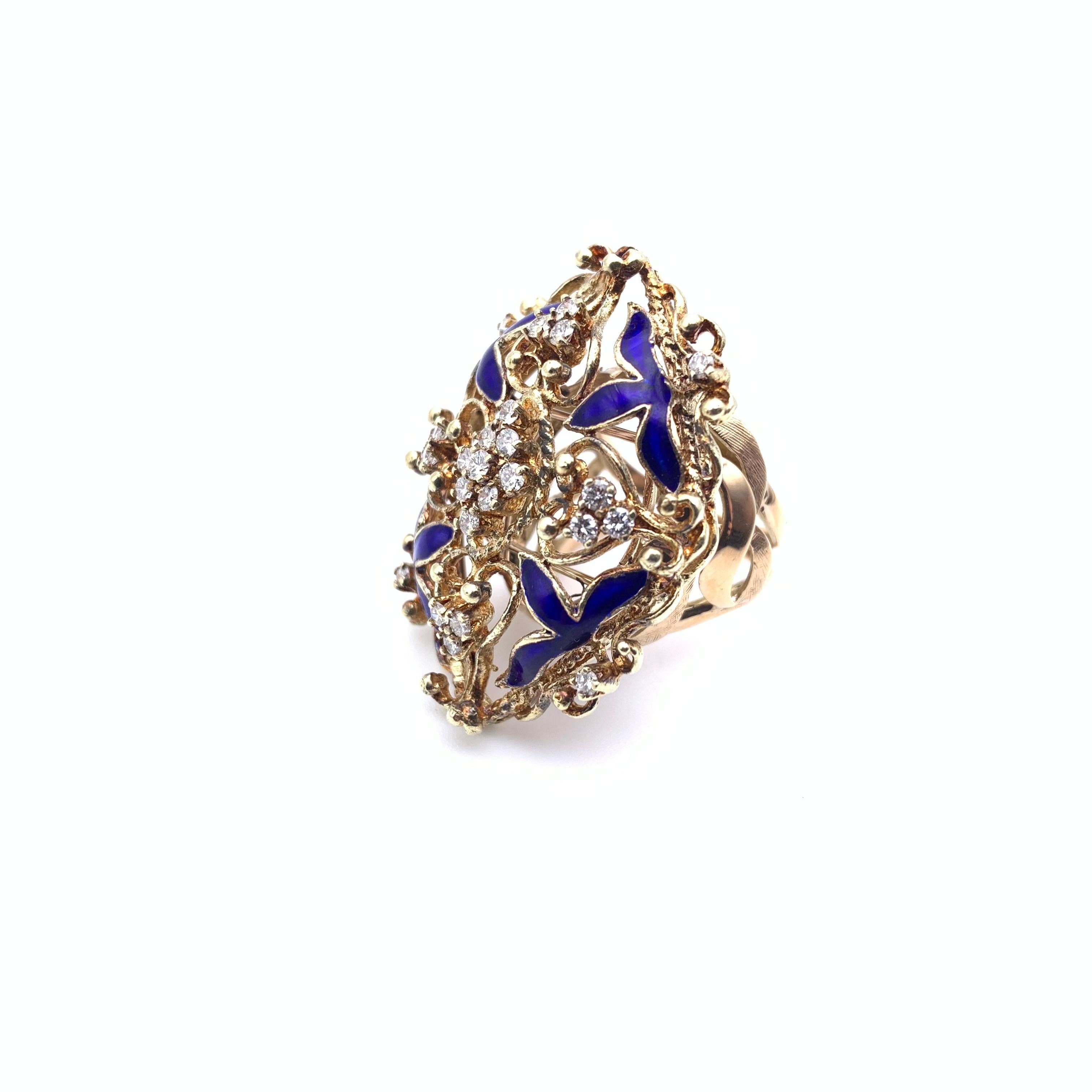 Anello Cannetille 14KT con smalto blu e diamanti In condizioni ottime in vendita a Lynchburg, VA