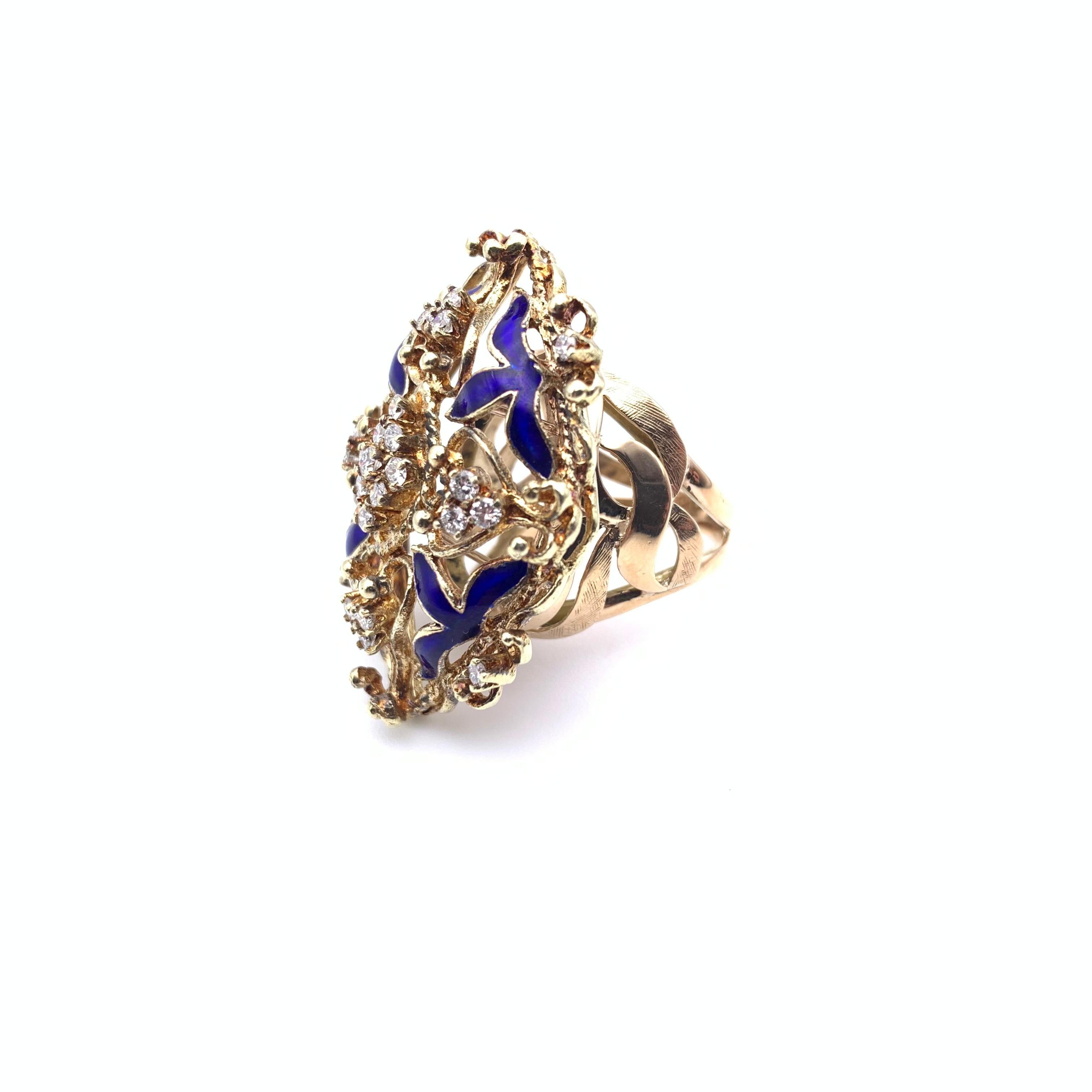 Donna Anello Cannetille 14KT con smalto blu e diamanti in vendita