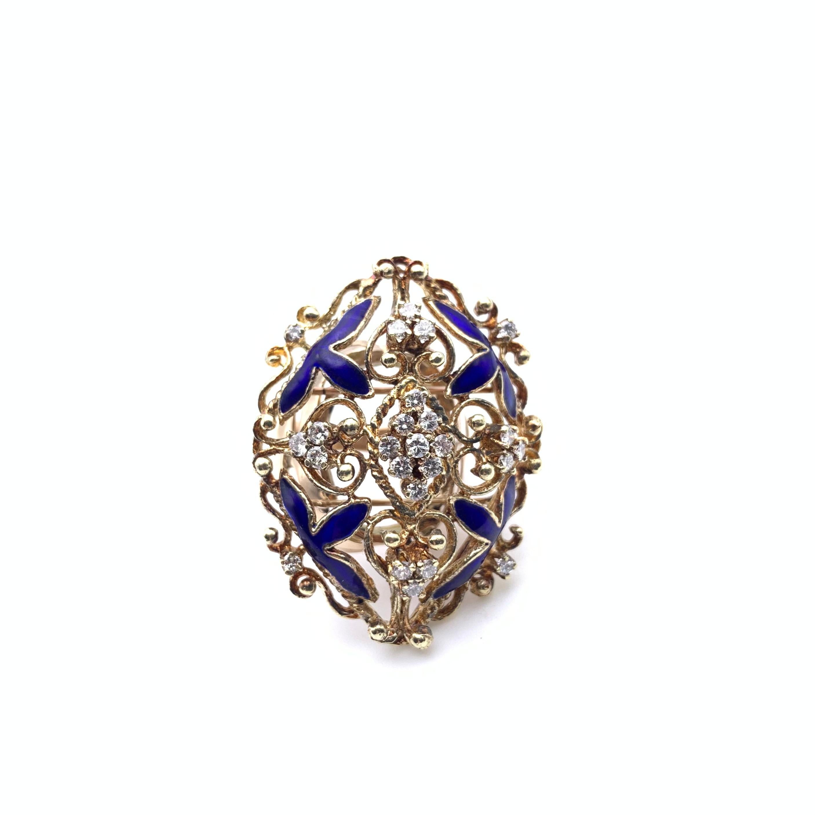 Anello Cannetille 14KT con smalto blu e diamanti in vendita 1