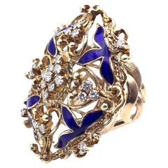 14KT Cannetille Blue Enamel and Diamond Ring