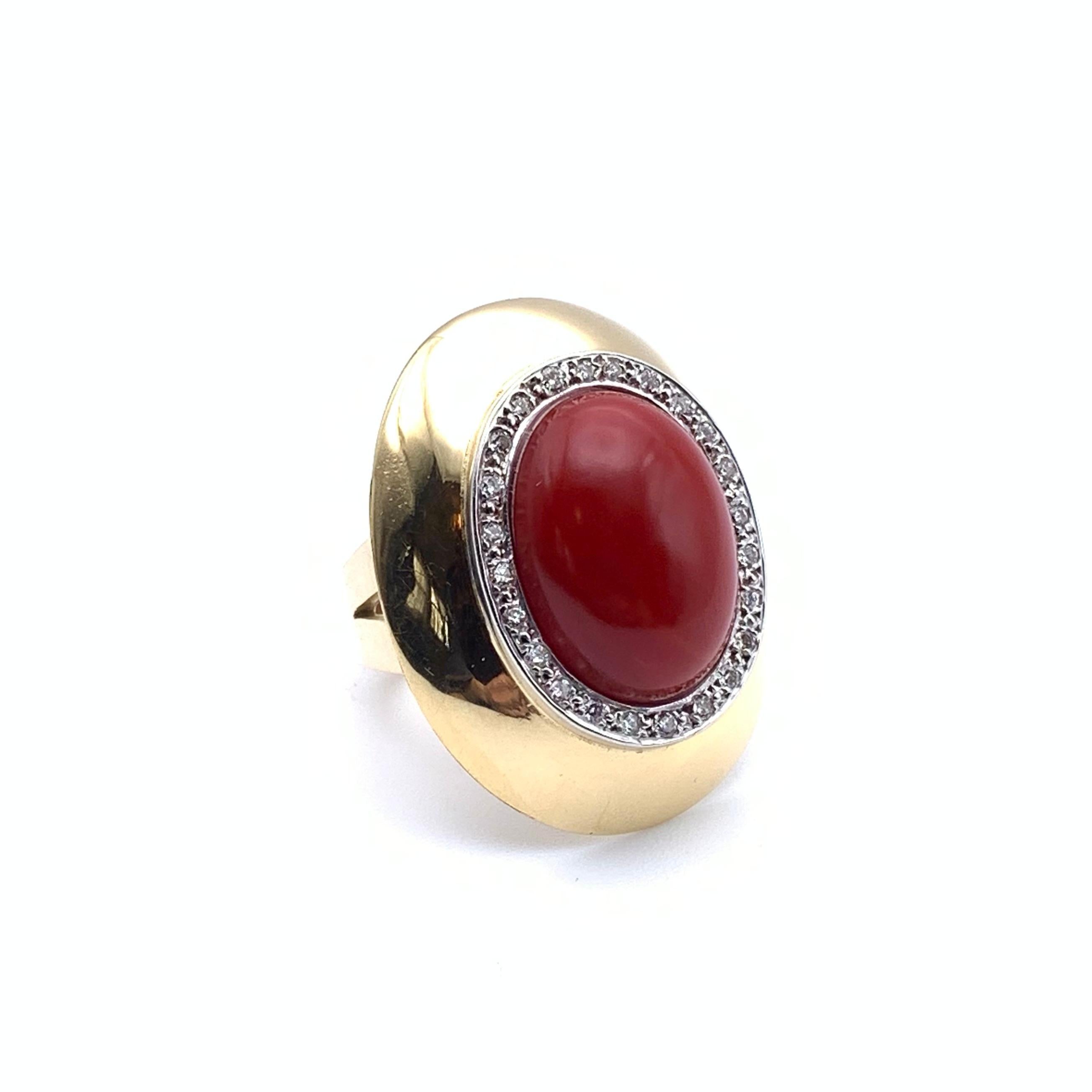 14KT Vintage Sardinianischer Ochsenblut Koralle und Diamant Statememt Ring im Angebot 2