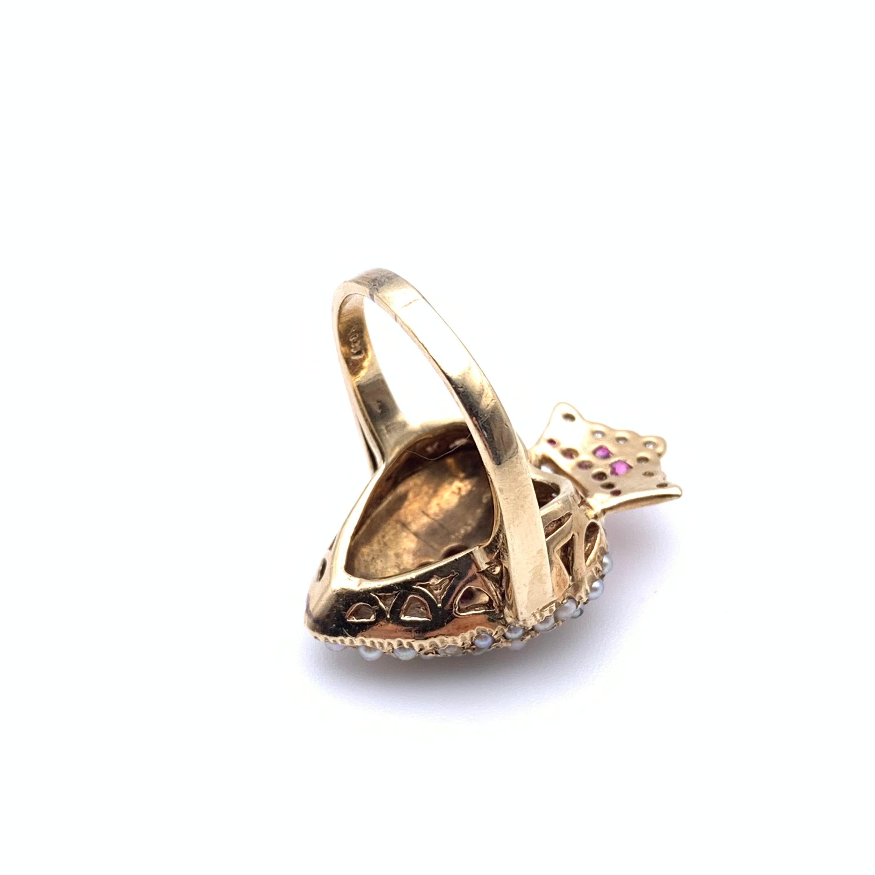 Victorian 14KT Seed Pearl Ruby and Diamond Royal Heart Ring For Sale