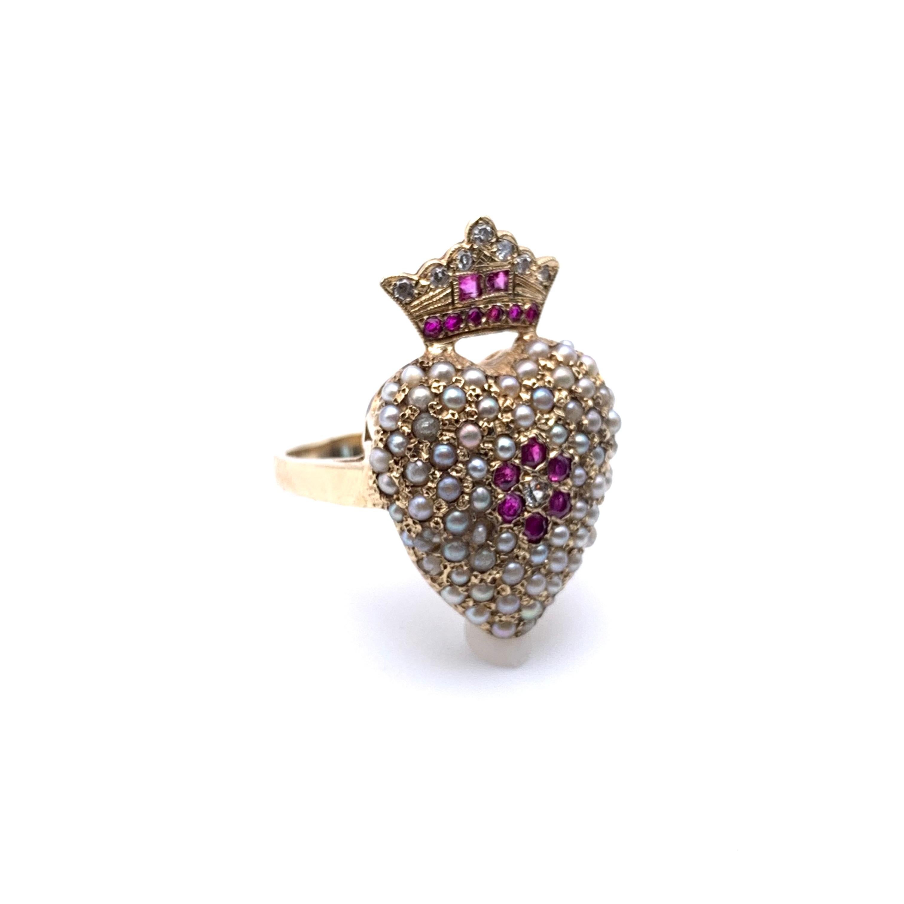 Round Cut 14KT Seed Pearl Ruby and Diamond Royal Heart Ring For Sale
