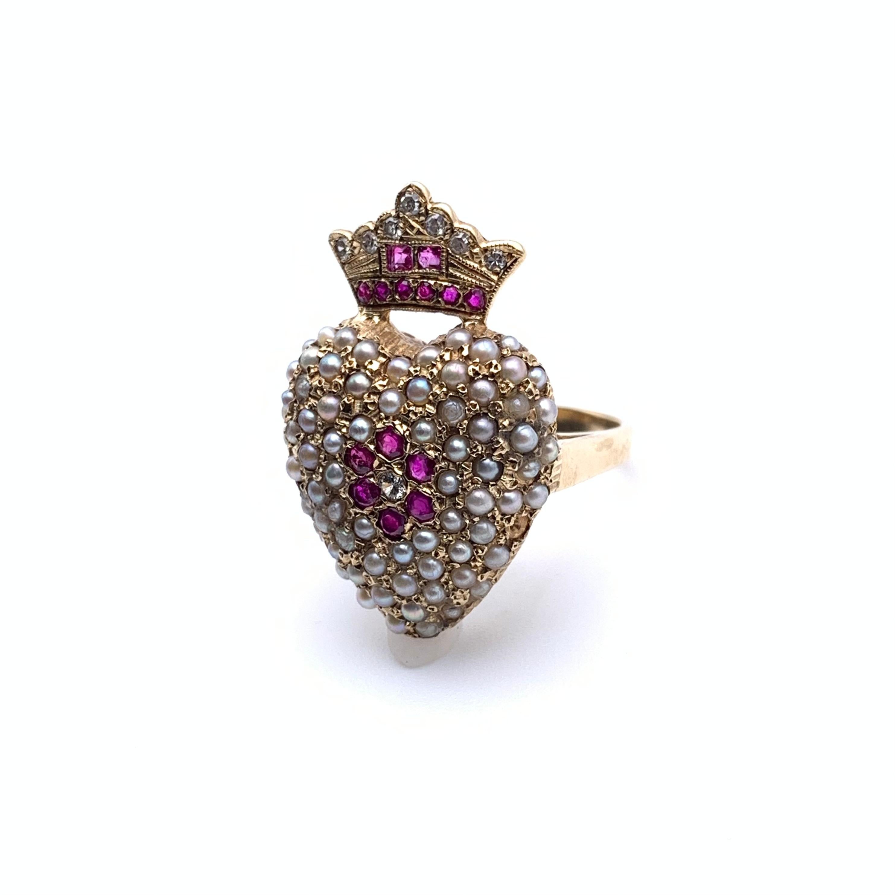 14KT Seed Pearl Ruby and Diamond Royal Heart Ring In Good Condition For Sale In Lynchburg, VA