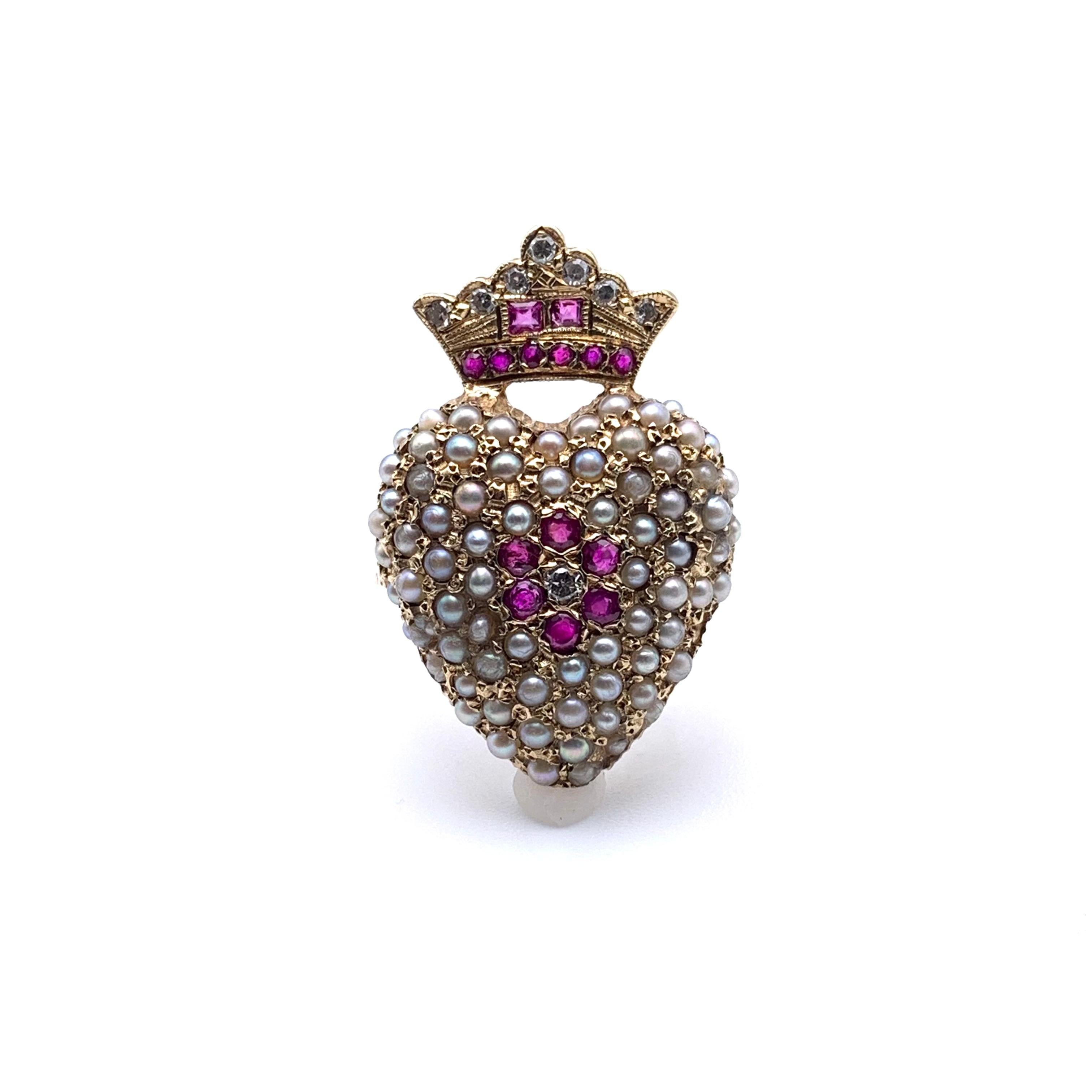 Women's 14KT Seed Pearl Ruby and Diamond Royal Heart Ring For Sale