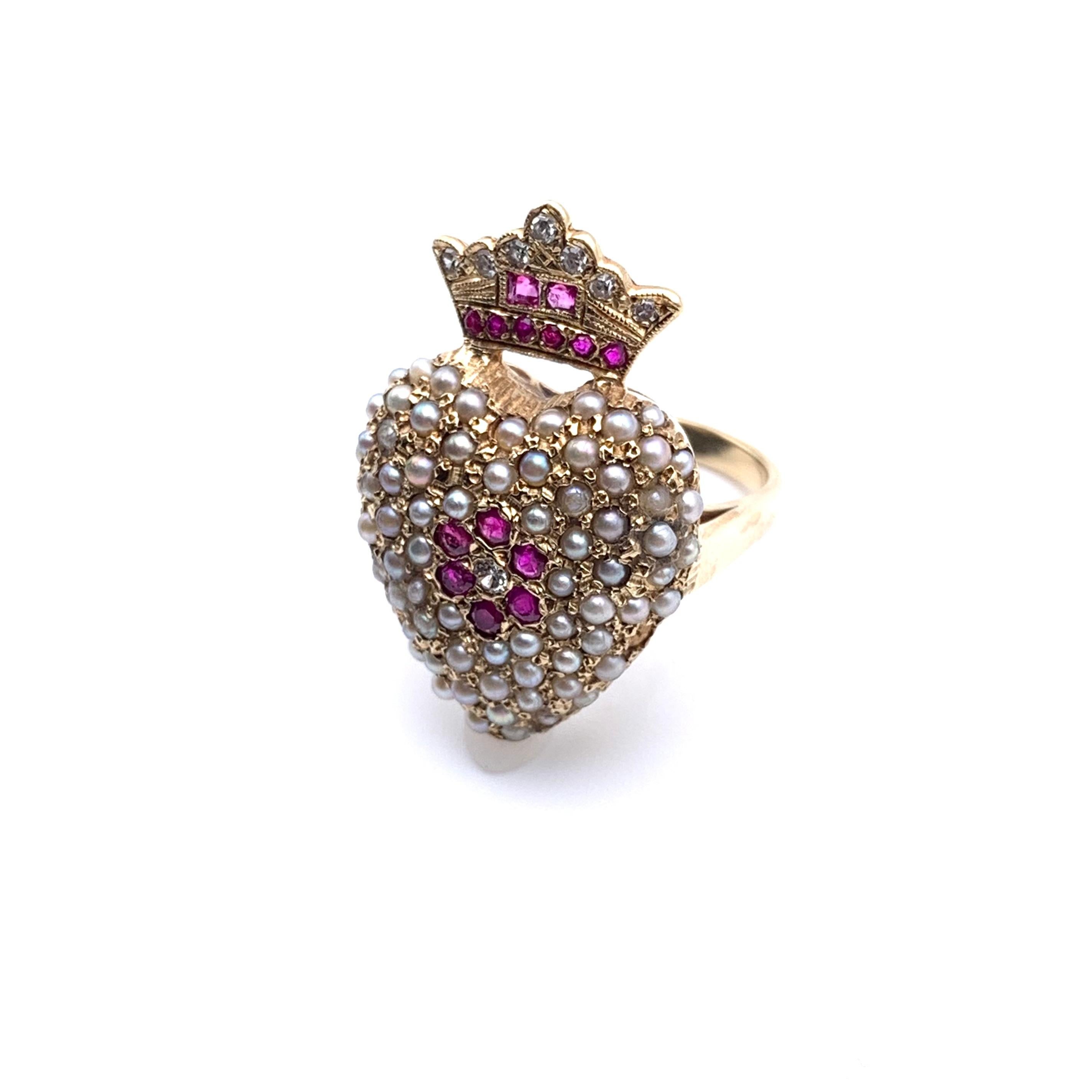 14KT Seed Pearl Ruby and Diamond Royal Heart Ring For Sale 2