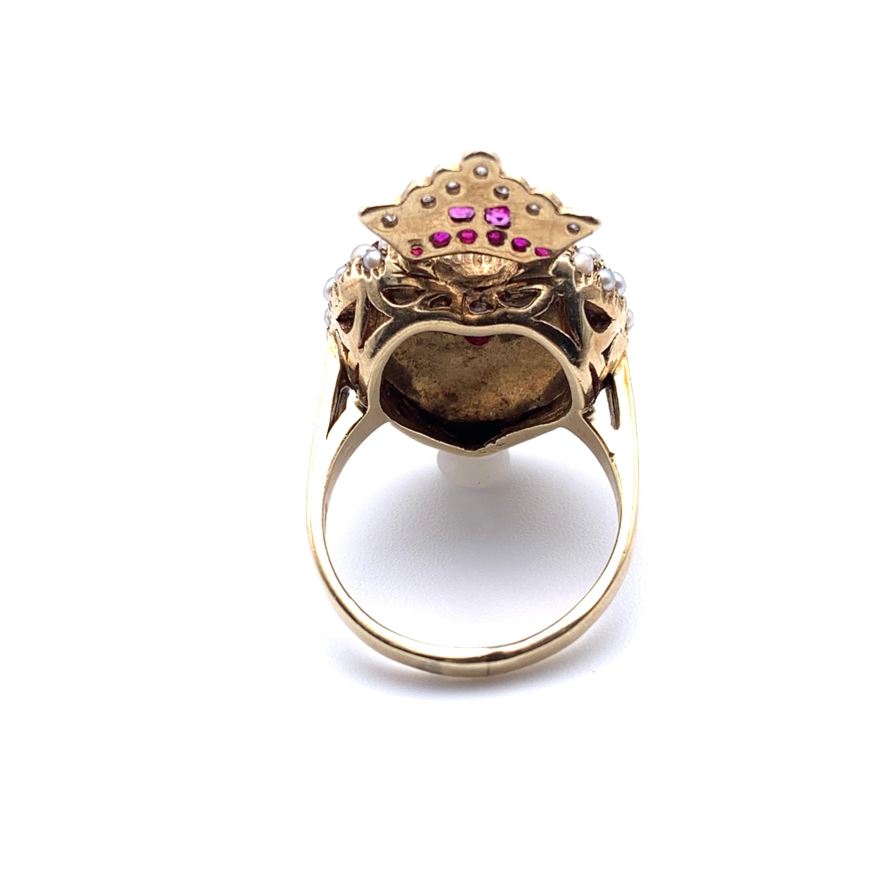 14KT Seed Pearl Ruby and Diamond Royal Heart Ring For Sale 3